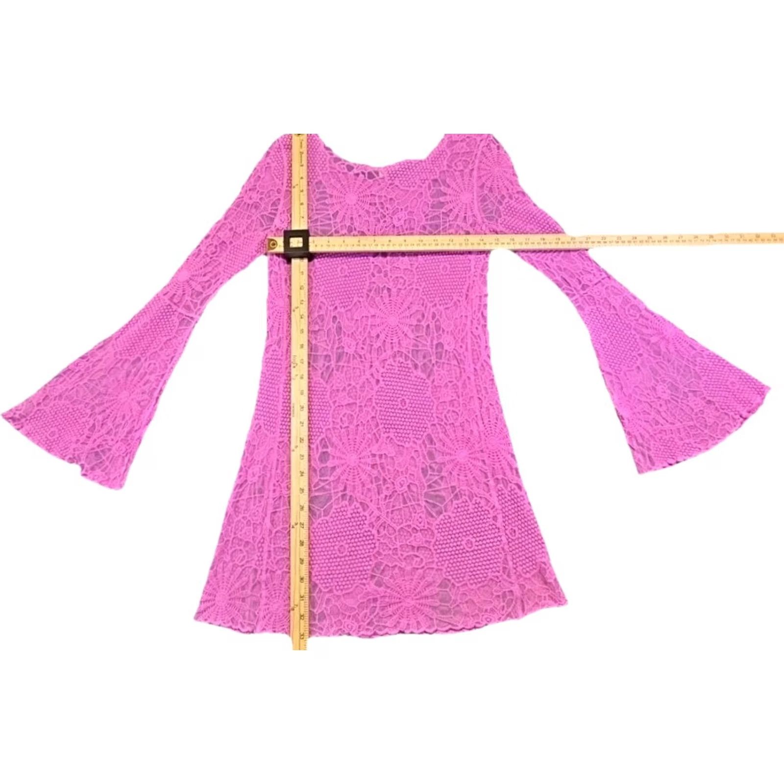 Bell GB Purple Crochet Lace Bell Sleeve Mini Dress Y2K Boho Barbiecore Small Women Bell Sleeve Crochet Lace Floral Round Neck Short Dress Size S / US 4 / IT 40 - 8 Thumbnail