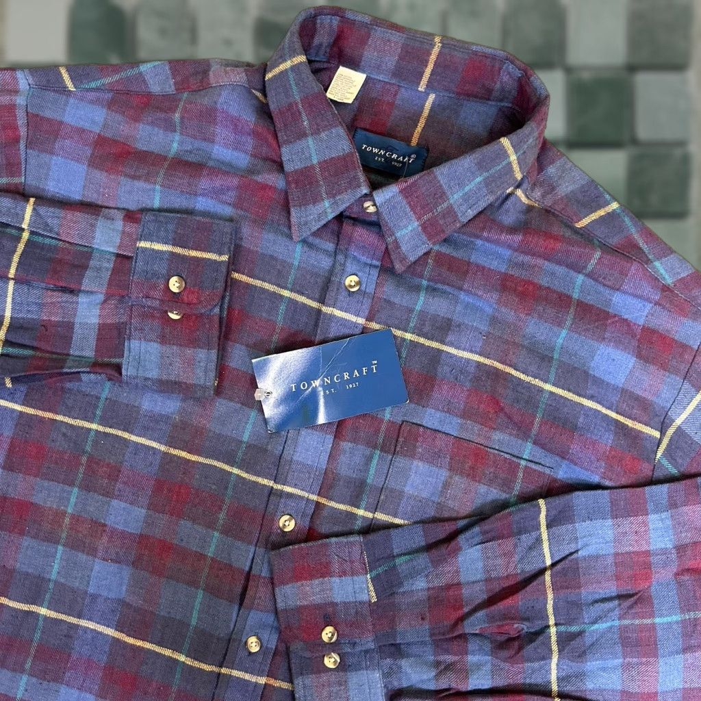 VINTAGE Towncraft Shirt XL Blue Plaid 80s Deadstock NOS NEW Short Sleeve Button Up Adults?