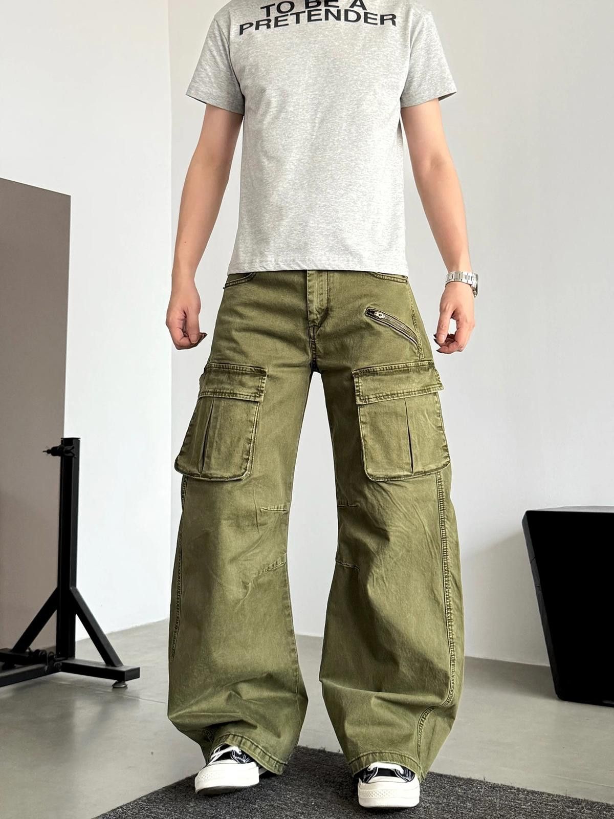 Japanese Brand Wide-Leg Cargo Pants in Olive Green Size US 32 / EU 48 - 3 Thumbnail