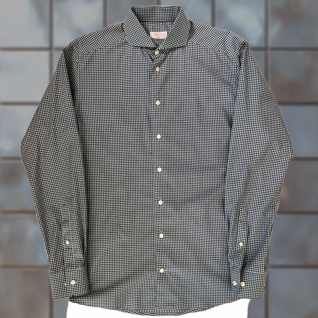 Eton Eton Shirt 16 Blue Teal Checkered Slim Collared Dress Button Up Designer Casual Shirt Men Slim Blue Teal Checkered Shirt Size US L / EU 52-54 / 3 - 1 Thumbnail