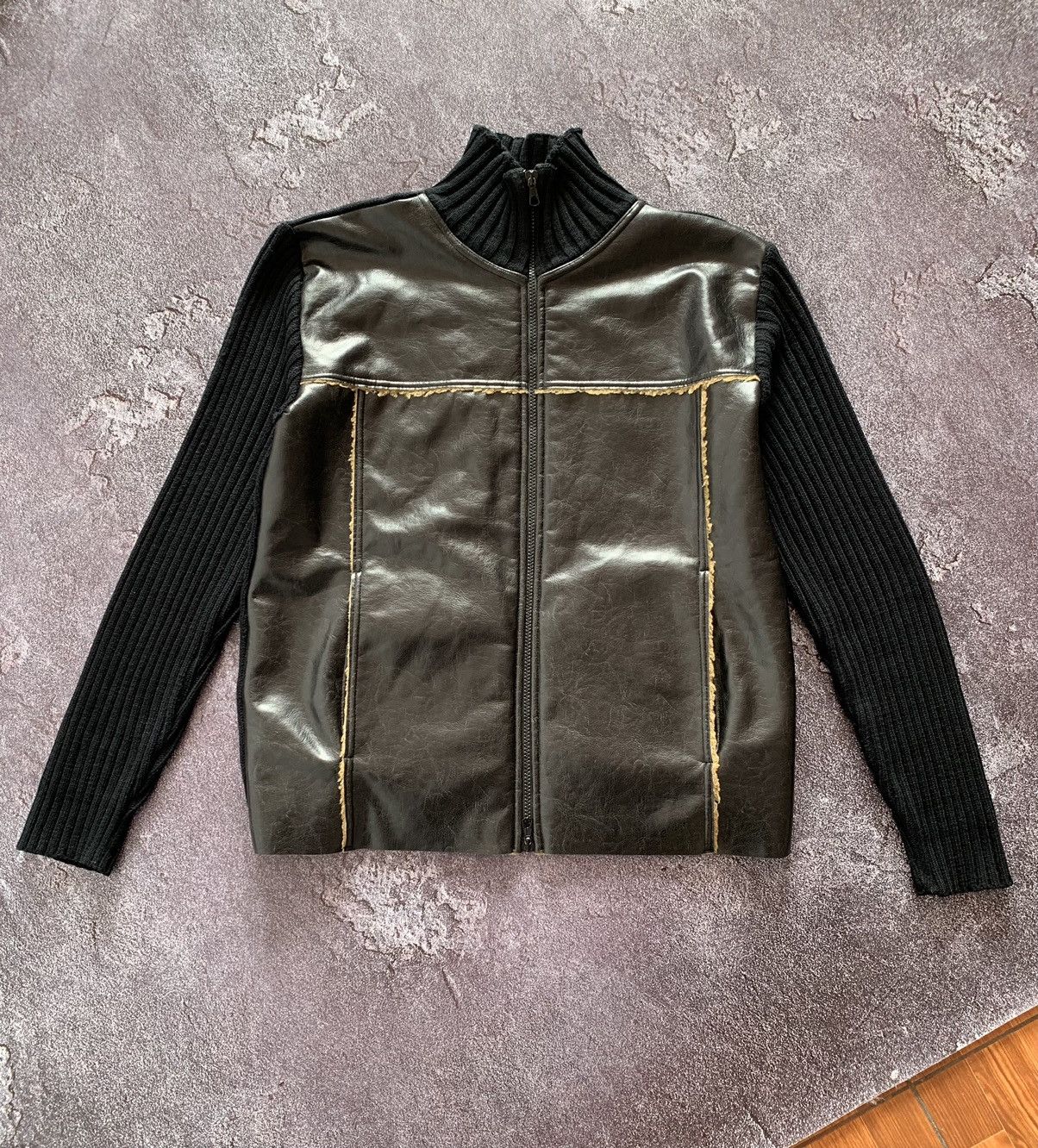 Leather × Vintage Vintage Avant Garde Wool Leather Zip Up Lampo Knit Sweater Size US L / EU 52-54 / 3 - 1 Thumbnail