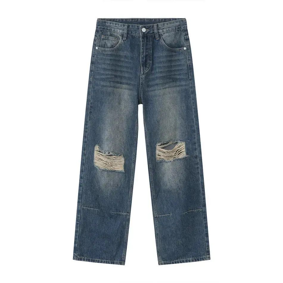 Japanese Brand Retro loose straight leg ripped jeans Size US 30 / EU 46 - 6 Thumbnail