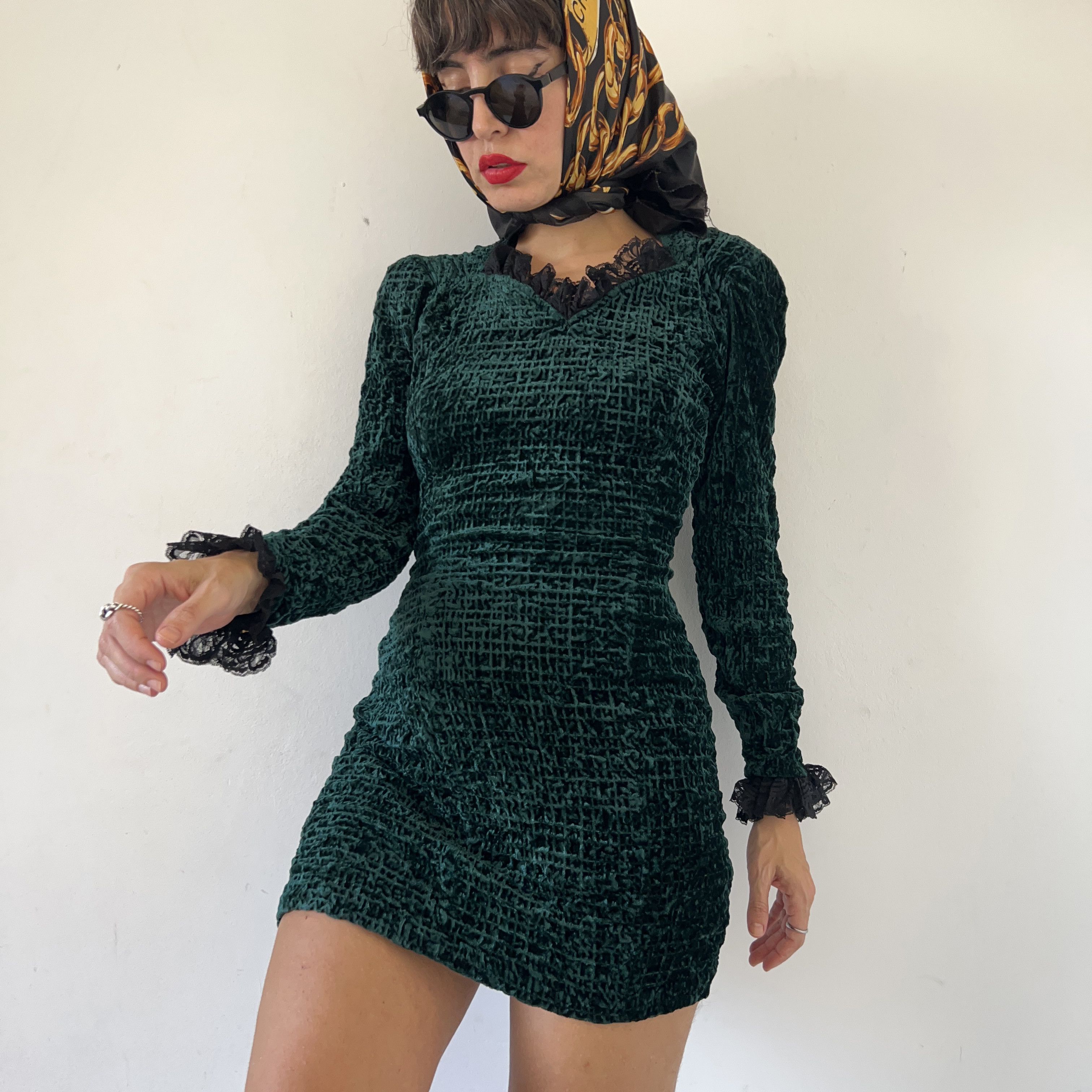 Vintage Vintage Green Crushed Velvet Mini Dress Size M / US 6-8 / IT 42-44 - 6 Thumbnail
