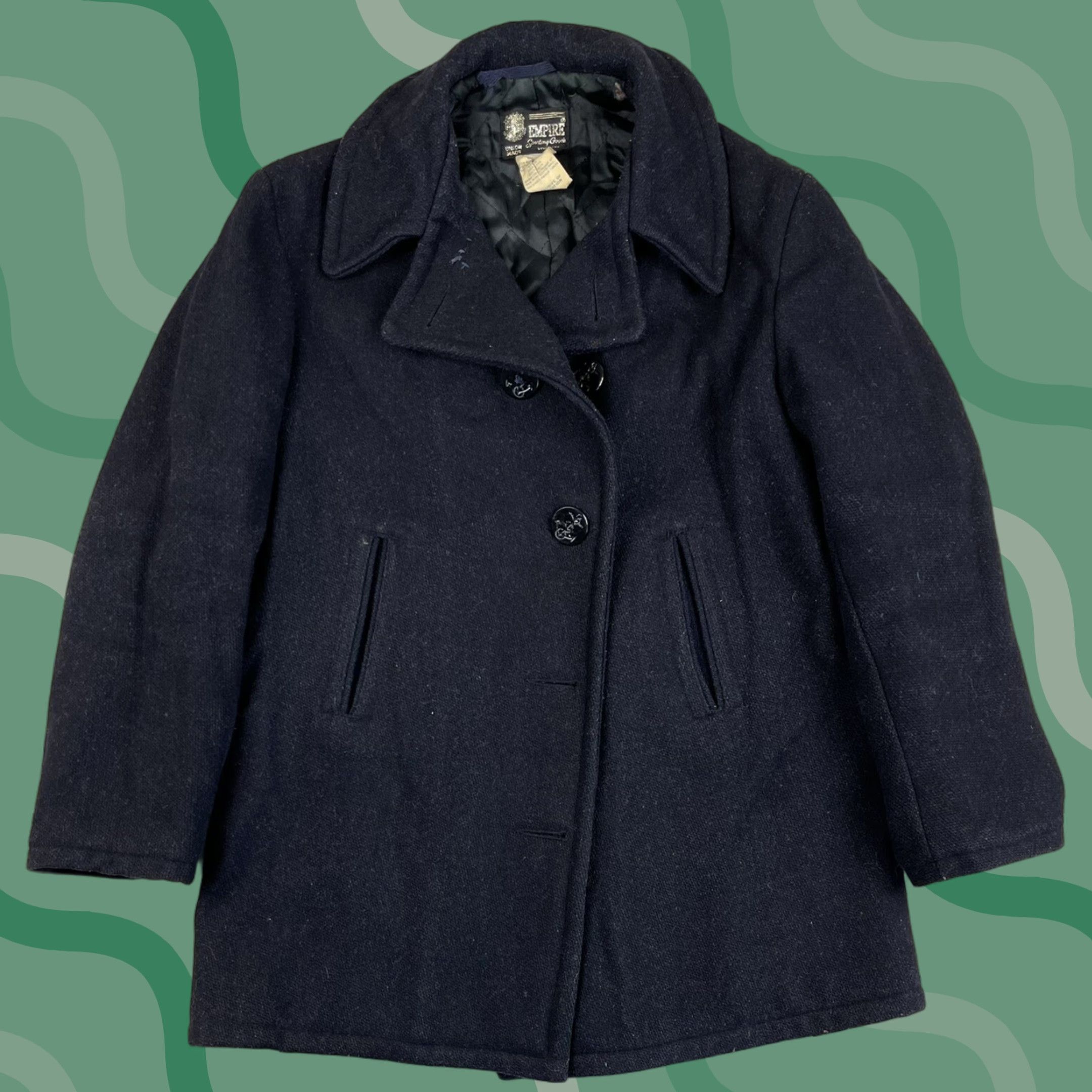 Vintage VINTAGE Empire Pea Coat Jacket Wool Navy 60s 70s Mens 36 Peacoat Regular 100% Wool Blue Quilted Pockets US Navy Button N/A Size US XXS / EU 40 - 1 Thumbnail
