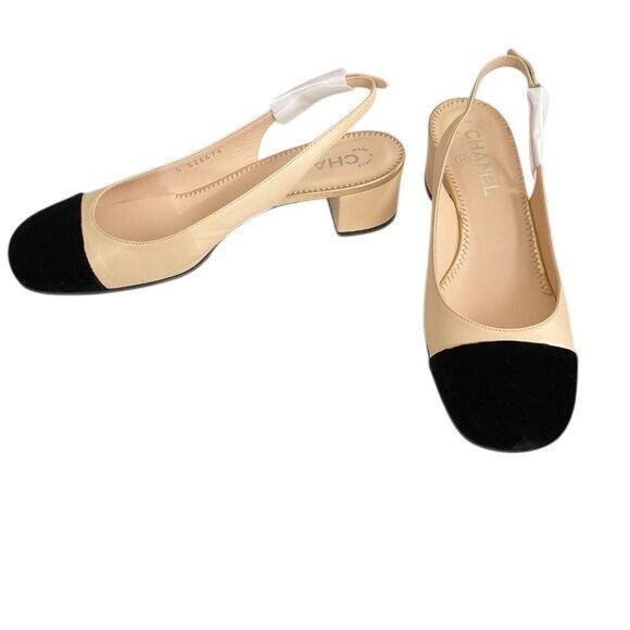 Chanel CHANEL Interlocking TWO tone beige Leather Slingback Pumps h Size US 7 / IT 37 - 1 Thumbnail