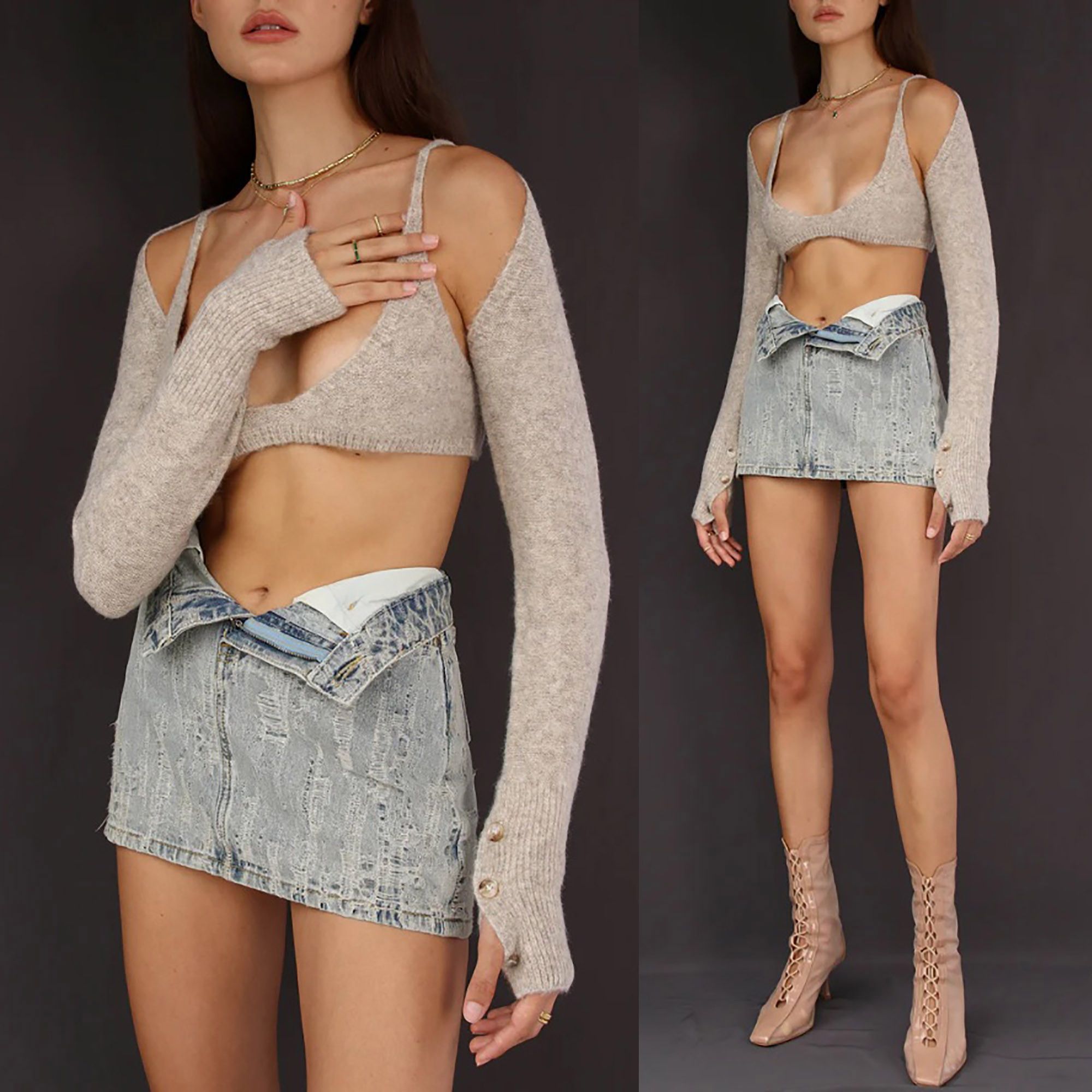 Vintage Ruve knitted crop twin set bra cardigan beige S Size S / US 4 / IT 40 - 2 Thumbnail