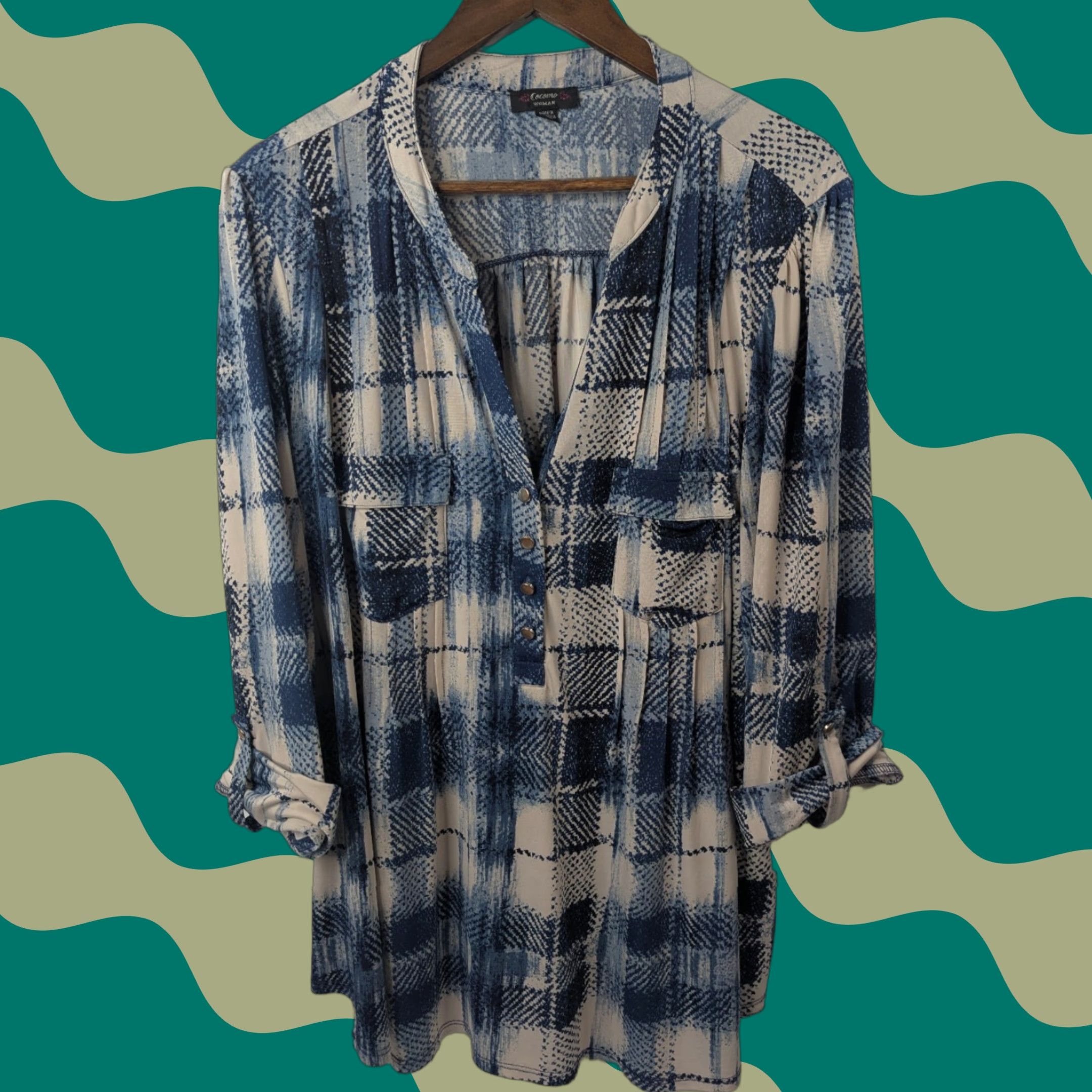 Vintage Cocomo Plaid 3/4 Roll Tab Sleeve Button Top V-Neck Henley Plus 3X Blue Knit Blouse Women Shirt Tunic Size XXL / US 16-18 / IT 52-54 - 1 Thumbnail