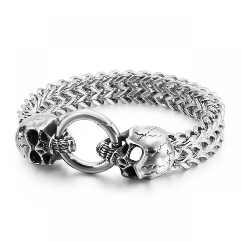 Jewelry Trendy Punk Stainless Steel Double Skull Bracelet Size ONE SIZE - 2 Thumbnail