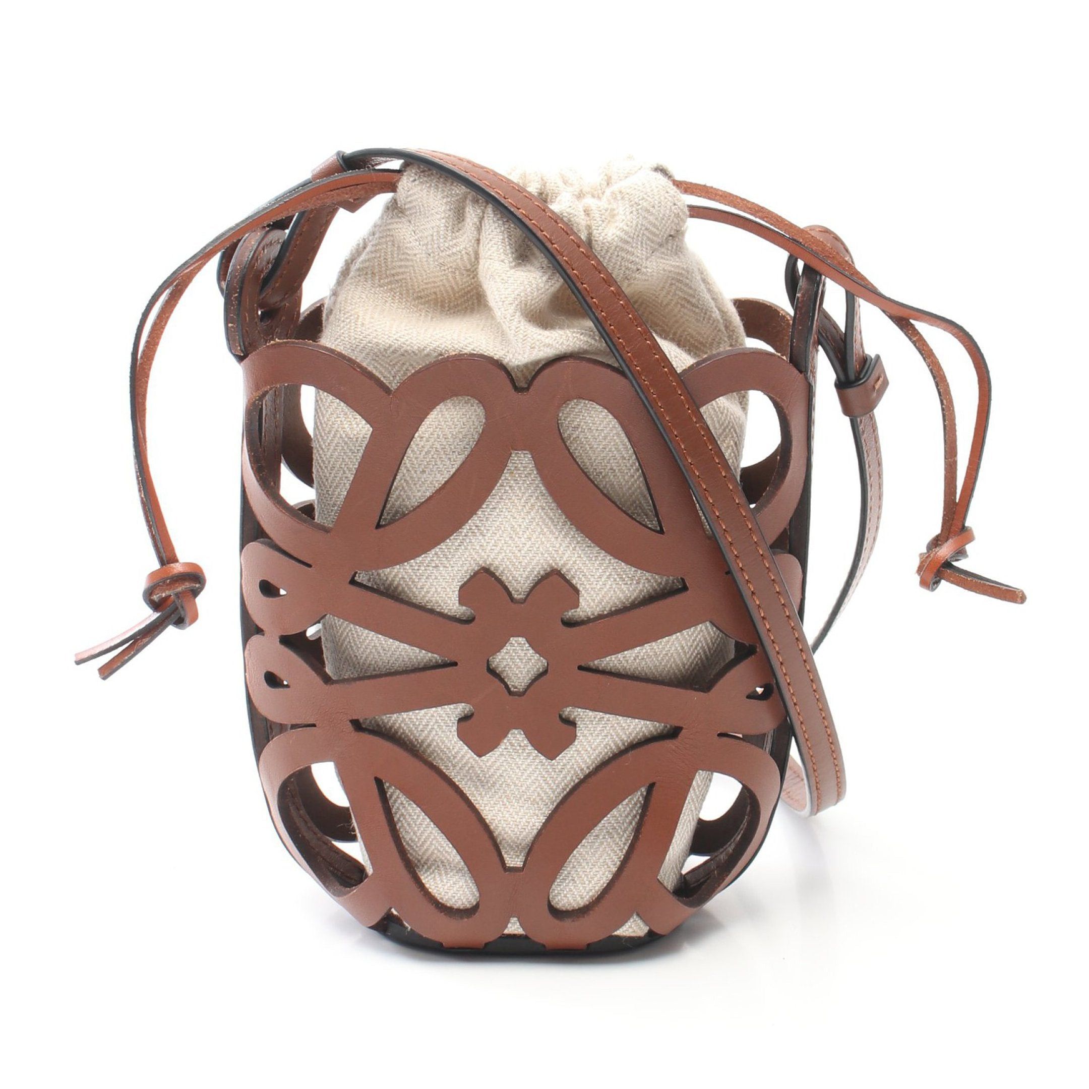 image of Loewe Anagram Cut Out Pocket Shoulder Bag Leather Canvas Brown Beige, Women's