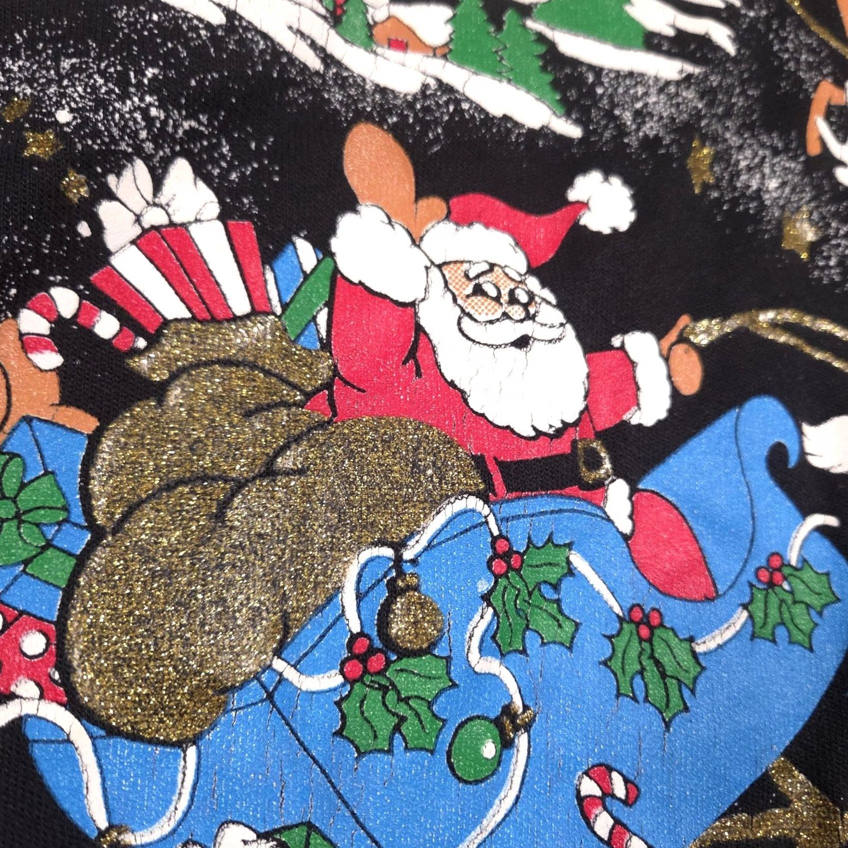 Vintage Santa Claus Christmas Sweatshirt Mens XL Black Glitter Graphic Fleece Pullover Size US XL / EU 56 / 4 - 6 Thumbnail