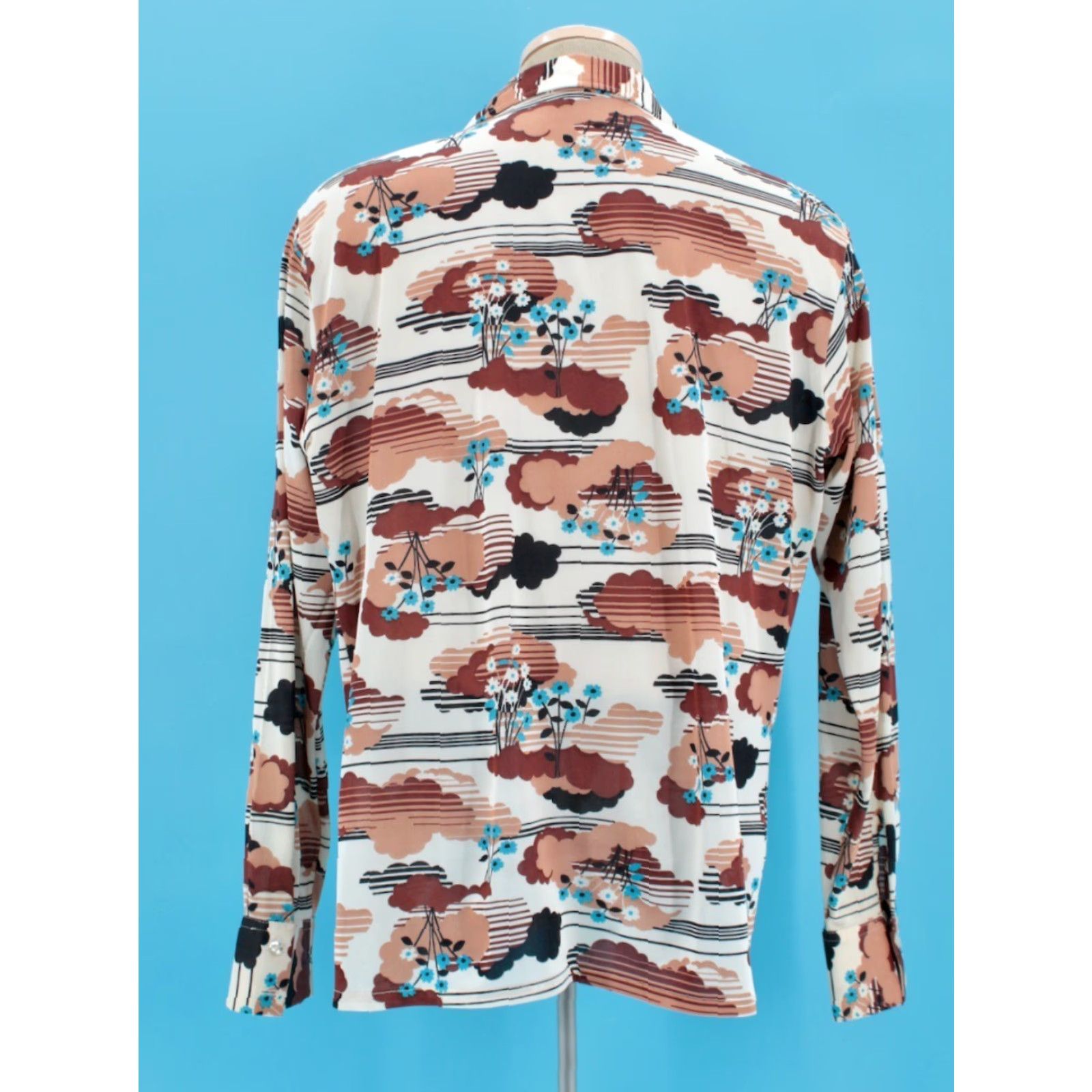 Vintage Joel Vintage 70s Shirt Mens Sz L Brown Blue Tree Print Button-Front Disco Polyester Size US L / EU 52-54 / 3 - 3 Thumbnail