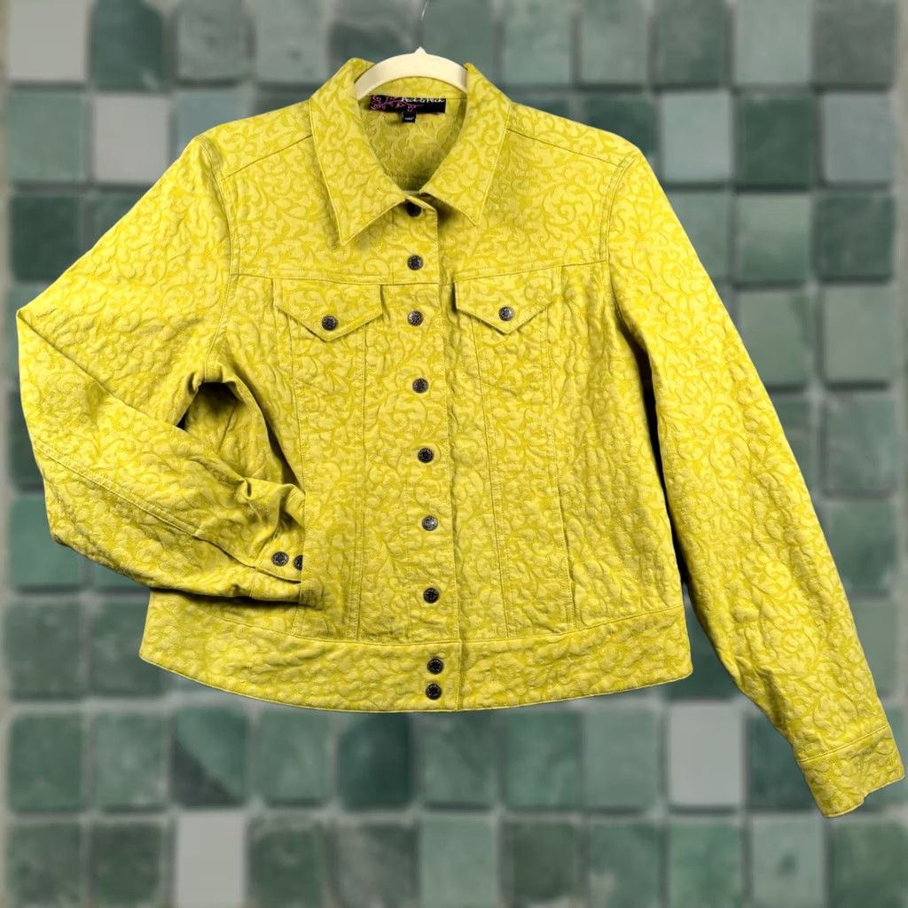 Vintage Womens L Chartreuse Jacket Damask Jacquard Scroll Button Front Artsy Cropped Size L / US 10 / IT 46 - 1 Thumbnail