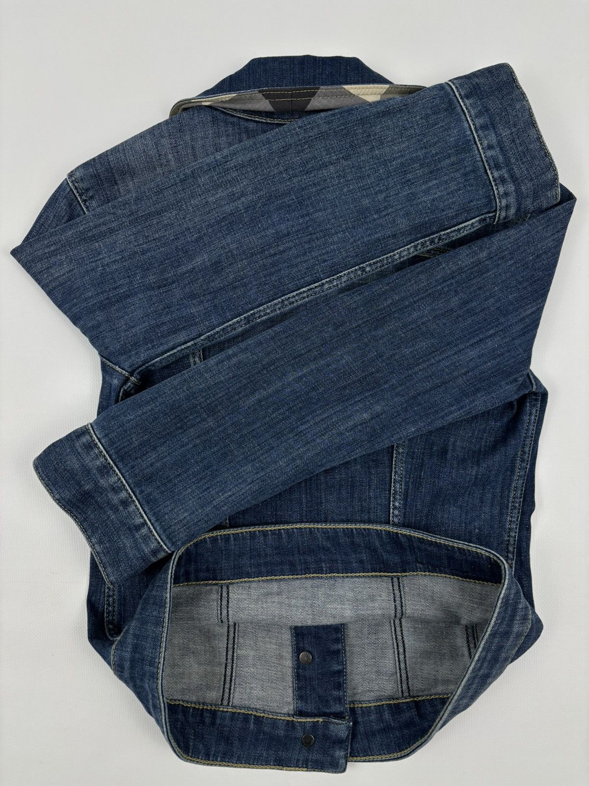 Burberry BRIT Nova Check Trim Denim Blue Trucker Buttons Jacket Jean Crop Bomber Size S / US 4 / IT 40 - 13 Thumbnail