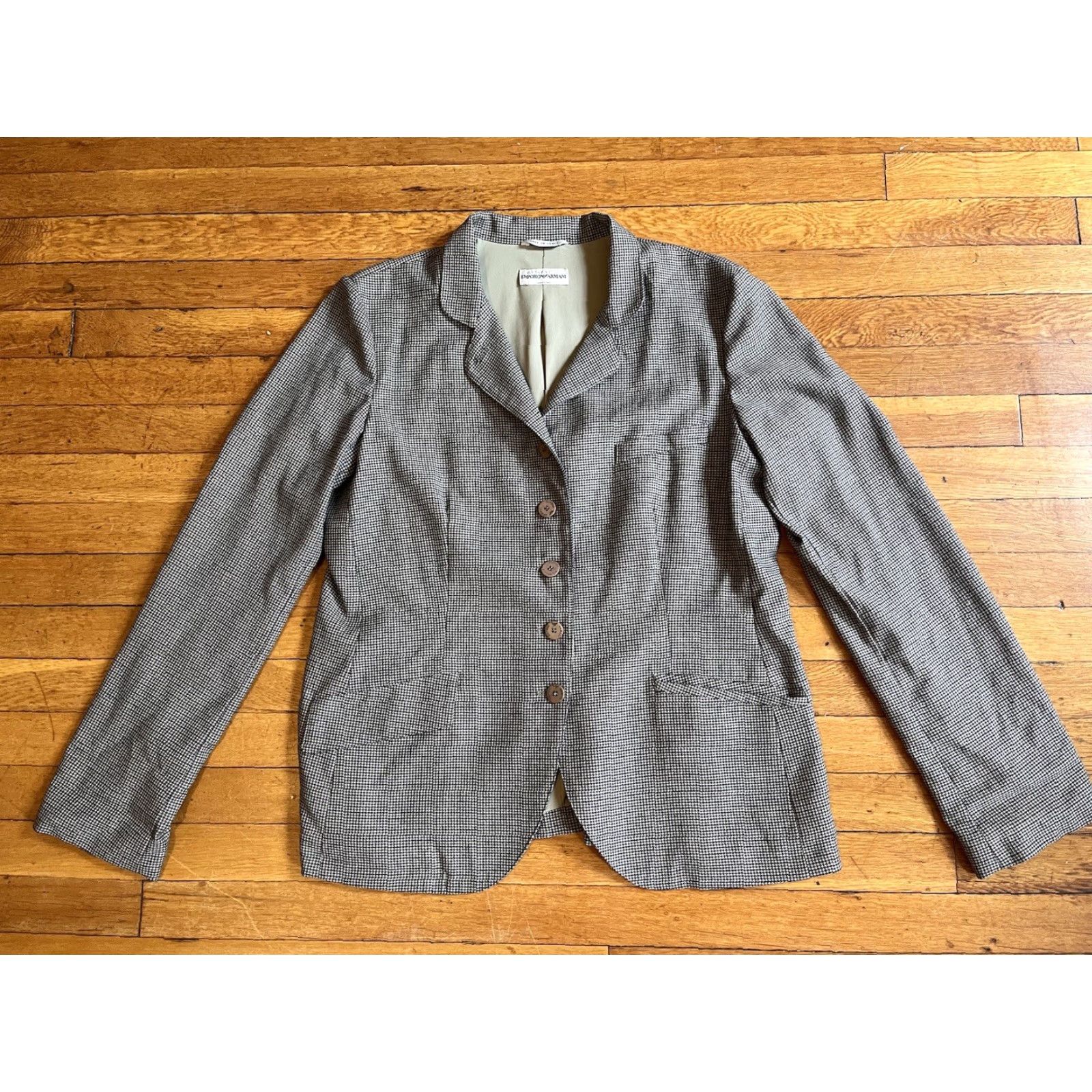 Emporio Armani VINTAGE Emporio Armani Blazer Women’s 46 Black Houndstooth 90s Designer Wool Notch Lapel Five-Button Single-Breasted Regular Tailored Women Size L / US 10 / IT 46 - 2 Thumbnail