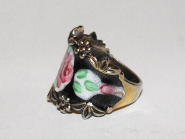 Designer Art Deco Black Floral Enamel Ring Size ONE SIZE - 3 Thumbnail