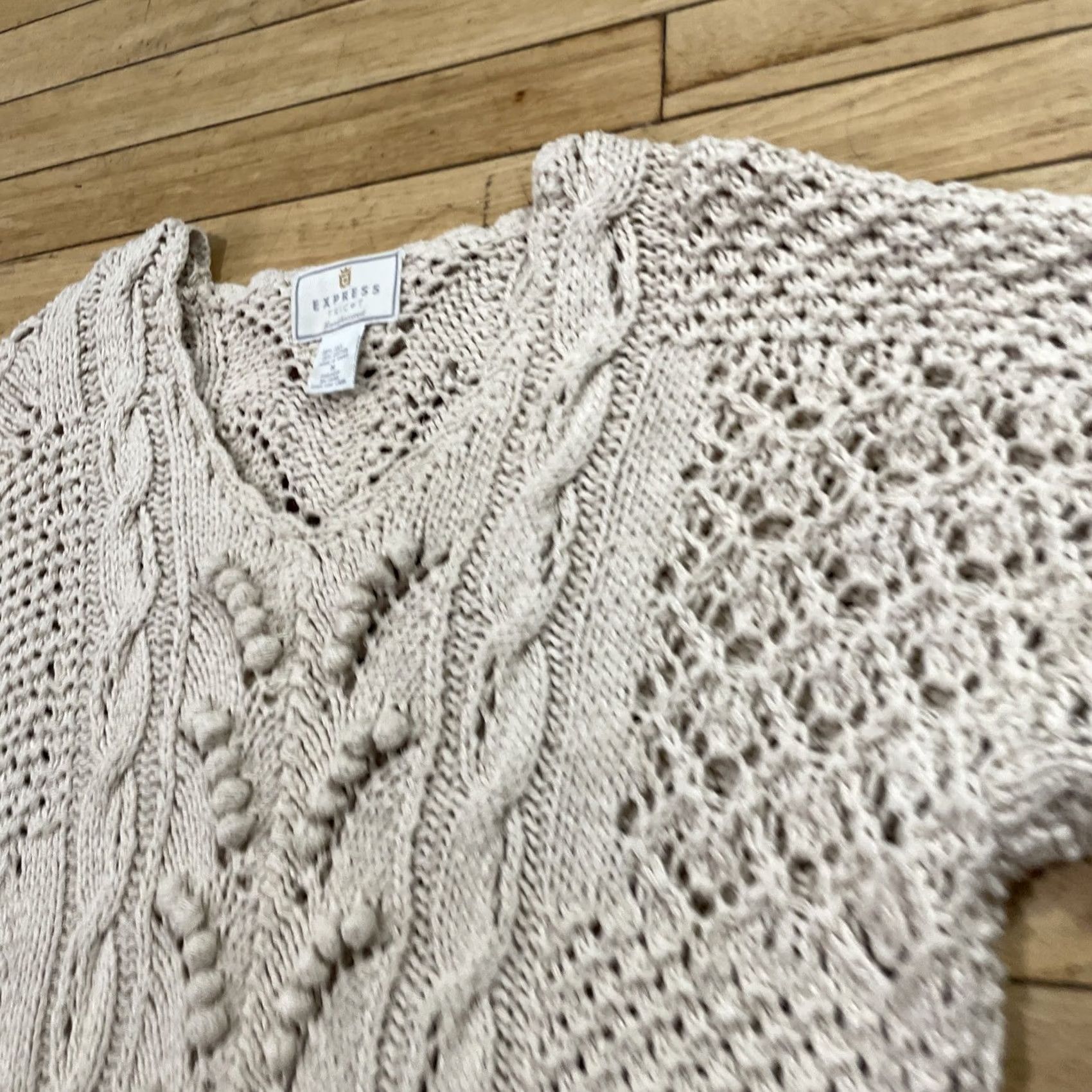 Express VINTAGE EXPRESS TRICOT Crochet Silk Tunic Sweater Dress Women M Cream Boho Hand Knit Shirt Size M / US 6-8 / IT 42-44 - 6 Thumbnail