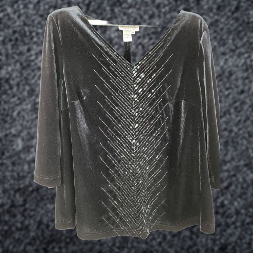 Adrianna Papell Adrianna Papell Evening Essentials Blouse Women 2X Black Velvet Sequin V-Neck 3/4 Sleeve Size XXL / US 16-18 / IT 52-54 - 1 Thumbnail