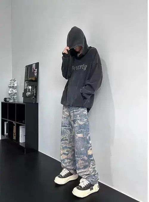 Designer × Jean Retro High Street Trendy Loose Wide Leg Printed Jeans Size US 32 / EU 48 - 3 Thumbnail