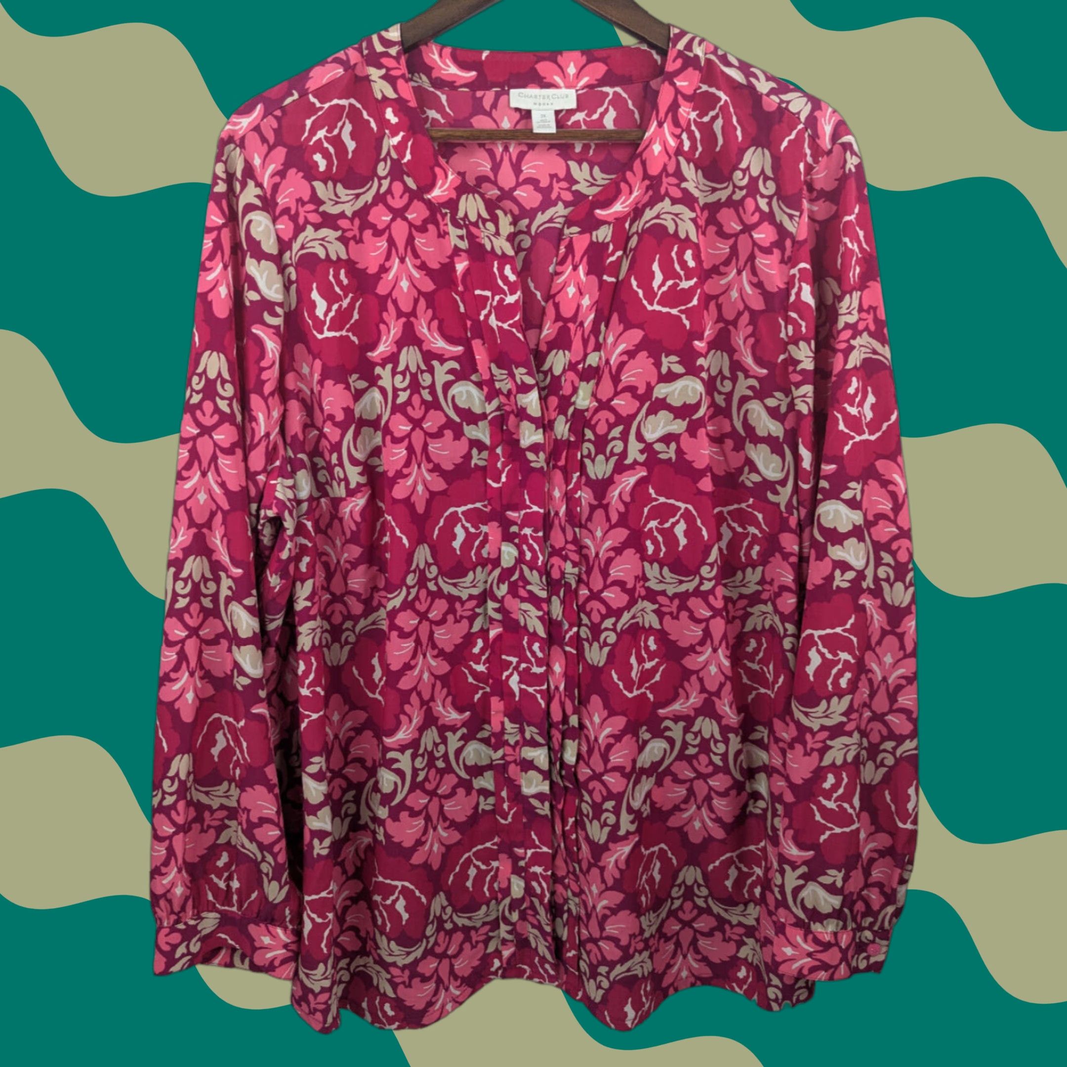 Charter Club VINTAGE Charter Club Womens Button-Down Shirt Pink Floral Top 3X Boho Band Collar Button-Up Ladies Size XXL / US 16-18 / IT 52-54 - 1 Thumbnail