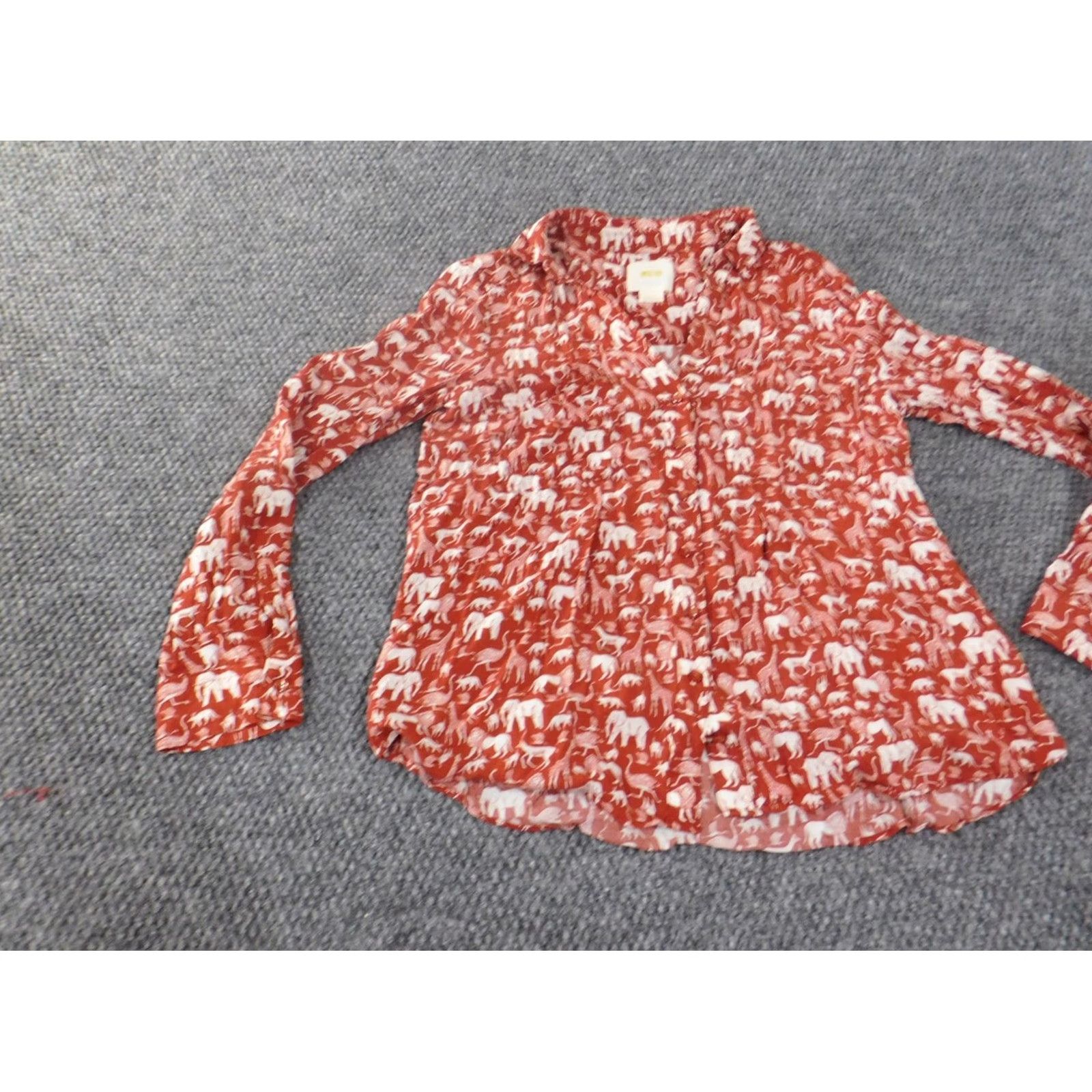 Vintage Maeve Shirt Womens 2 Red Animal Print Button-Up Rayon Long Sleeve Collared Jungle Lions Elephant Size XS / US 0-2 / IT 36-38 - 2 Thumbnail
