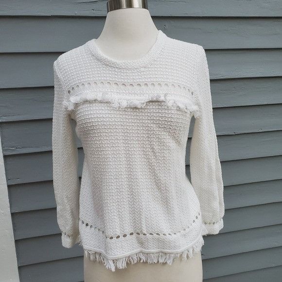J. Crew White Cotton Open Knit Long-Sleeve Fringe Sweater M