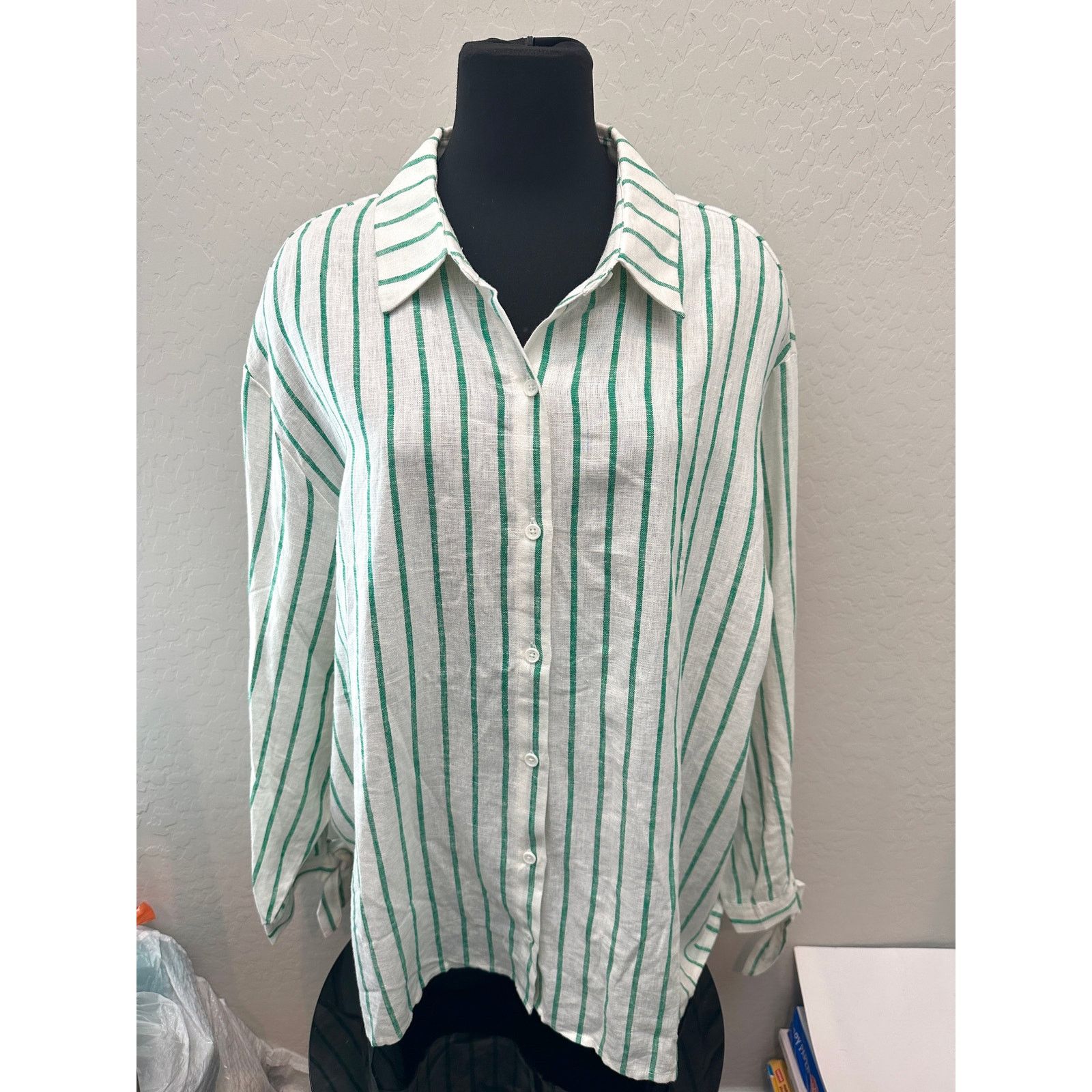 SCOOP SCOOP Green White Striped Linen Button Front Plus Size Top Size XXL / US 16-18 / IT 52-54 - 2 Thumbnail