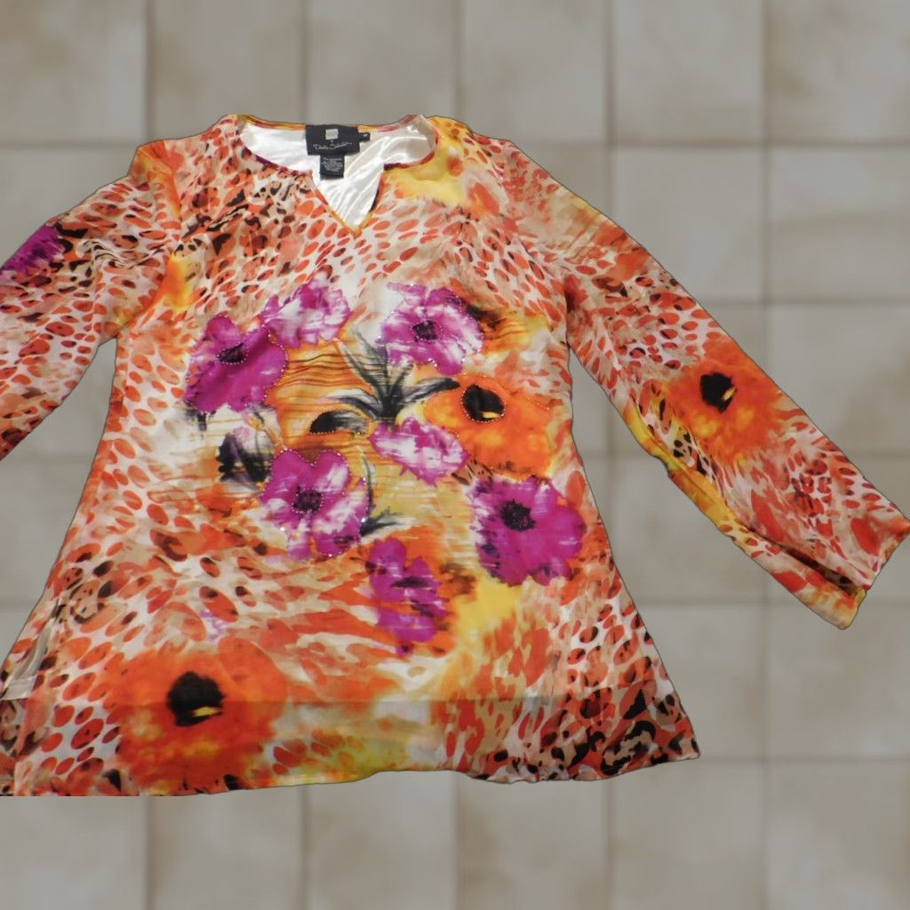 Vintage Debbie Shuchat Blouse Womens Medium orange floral stretch pullover Size M / US 6-8 / IT 42-44 - 1 Thumbnail