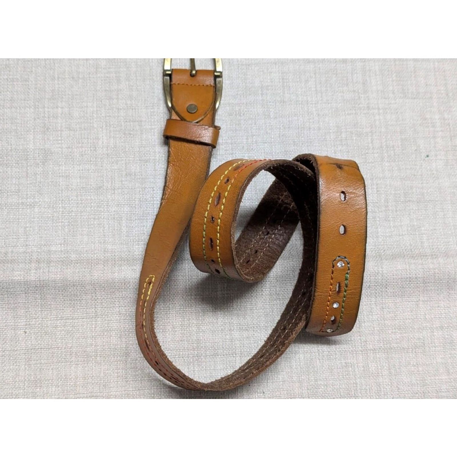 Vintage VINTAGE western belt belt 36 brown COWHIDE leather STITCHED studded RODEO Size 36 - 6 Thumbnail