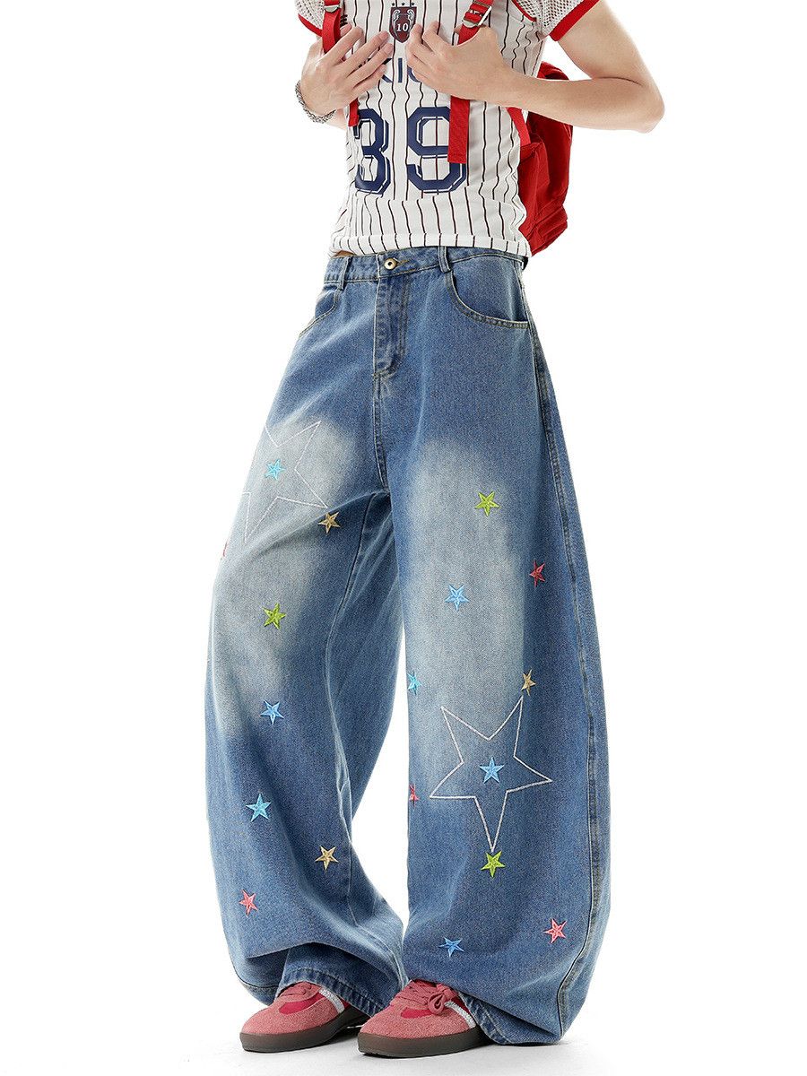 Japanese Brand Men's Star-Embroidered Wide-Leg Jeans Size US 32 / EU 48 - 3 Thumbnail