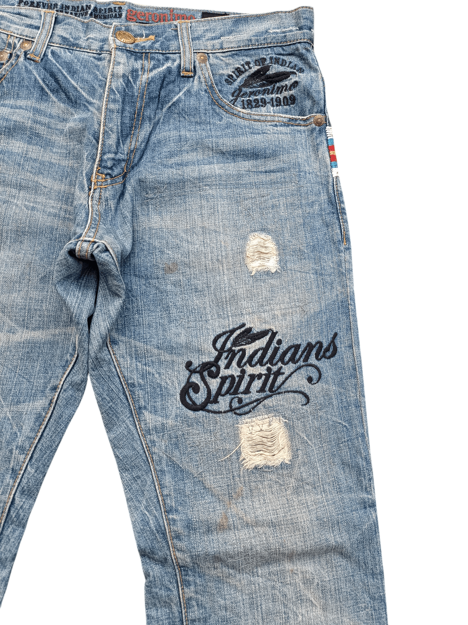 Japanese Brand GERONIMO Embroidery Native Indians Spirit Distressed Jeans Size US 32 / EU 48 - 7 Thumbnail