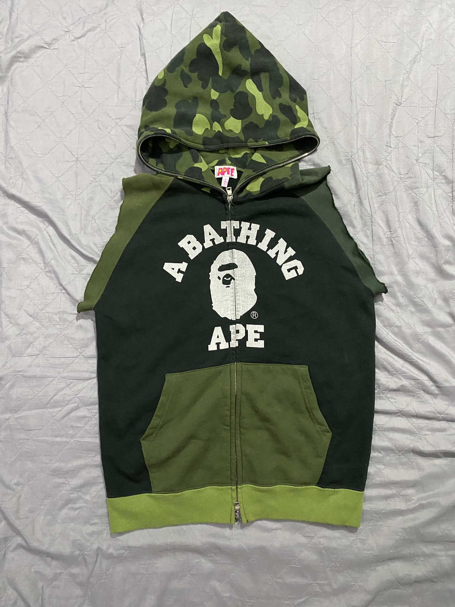Bape 2004 Bape 4 Tone Green Camo Full Zip Hoodie with Cut Sleeves