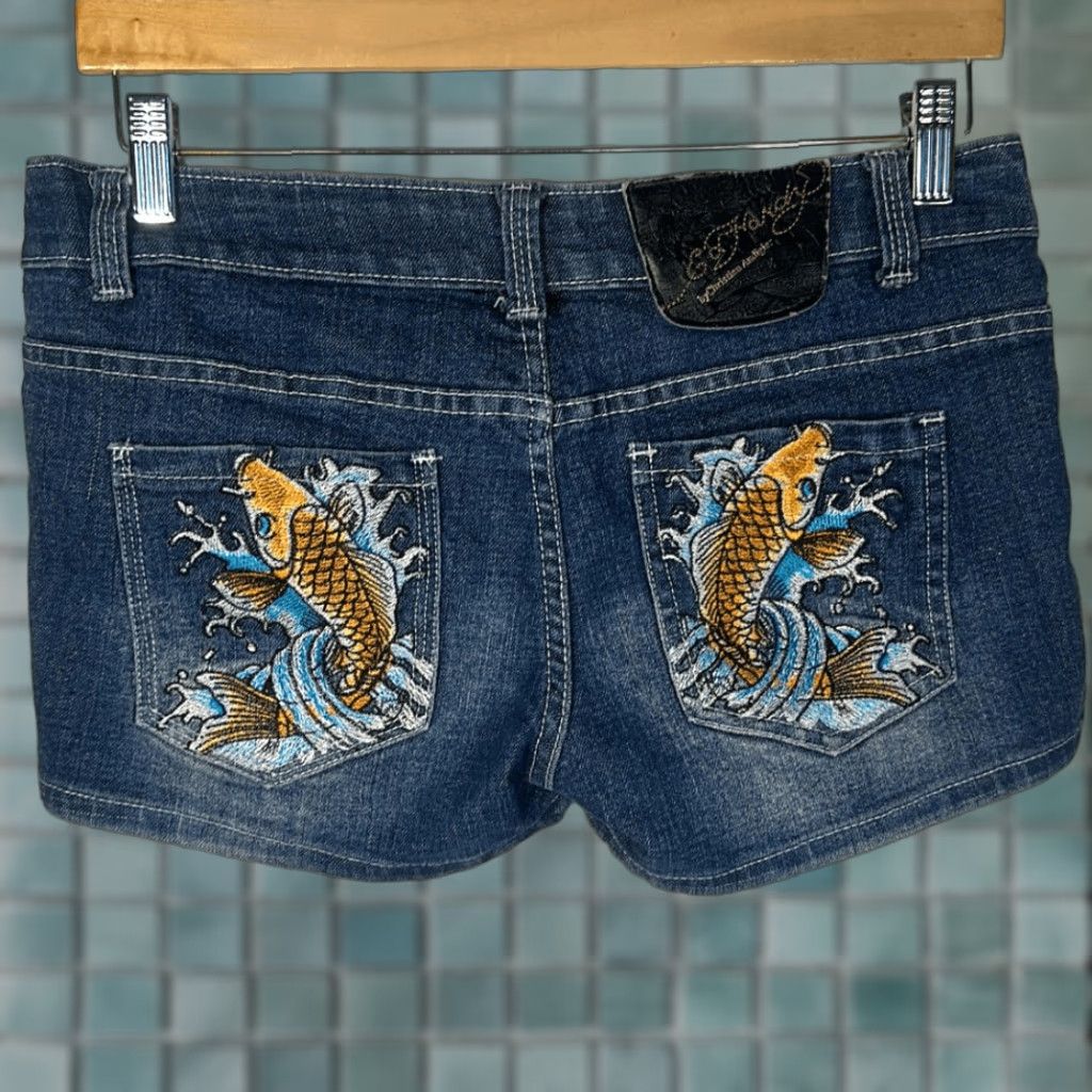 VINTAGE Ed Hardy By Christian Audigier Y2K Denim Shorts Embroidered Fish Size 30 Blue Womens Cut-Off 30