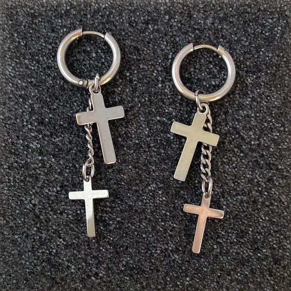 Designer × Jewelry Stainless Steel Cross Dangle Drop Earrings for Men Women Size ONE SIZE - 1 Thumbnail