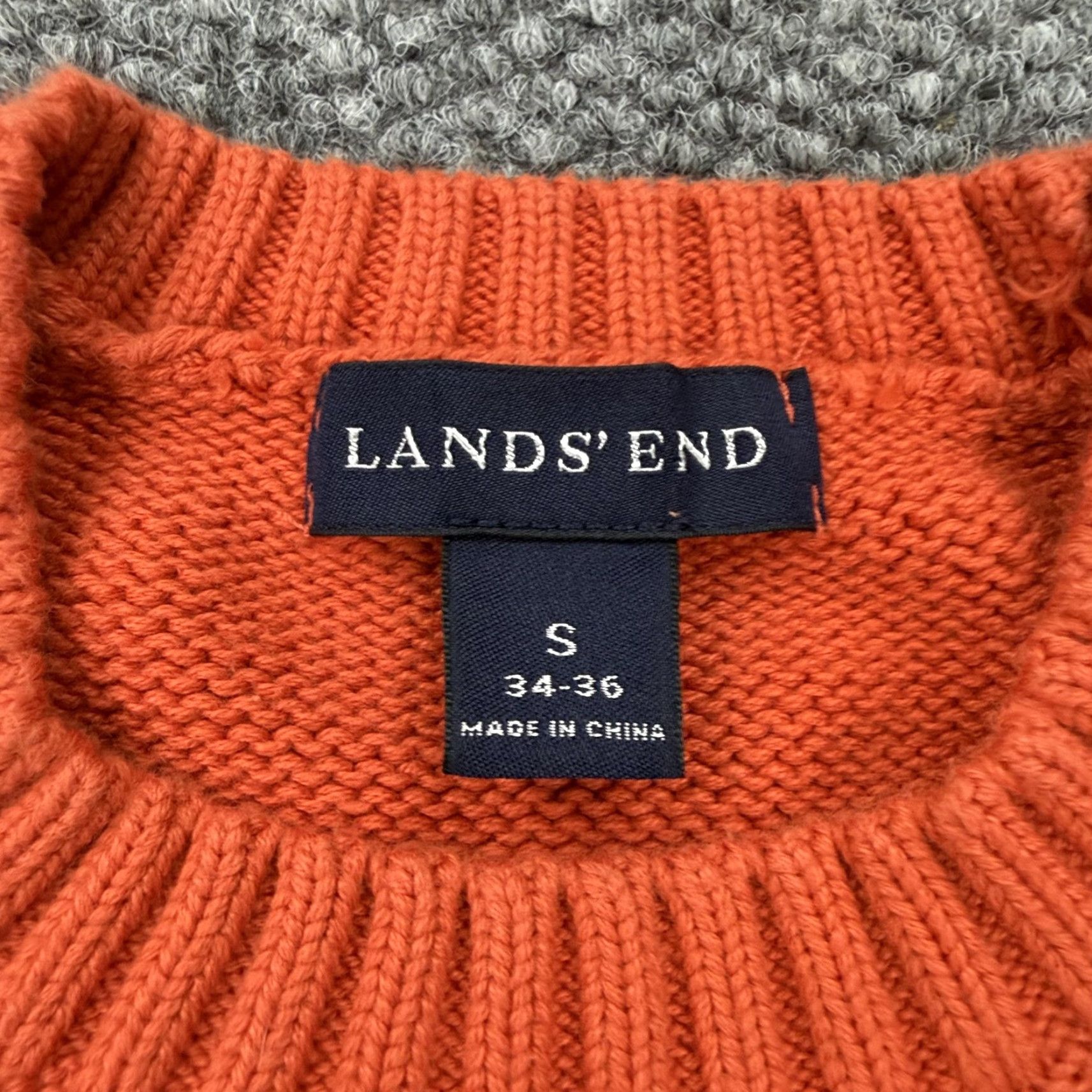 Lands' End Lands' End Mens Small Orange Cotton Crewneck Knit Pullover Raglan Ribbed Sweater Size US S / EU 44-46 / 1 - 4 Thumbnail