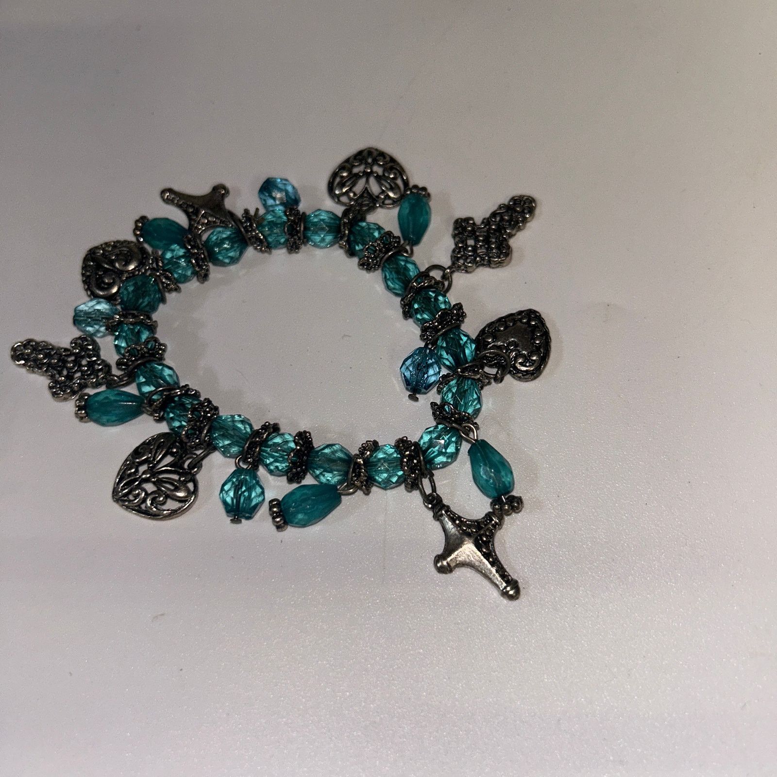 Other Aqua Blue Beaded Silver-Tone Charm Stretch Bracelet Women's Size ONE SIZE - 2 Thumbnail