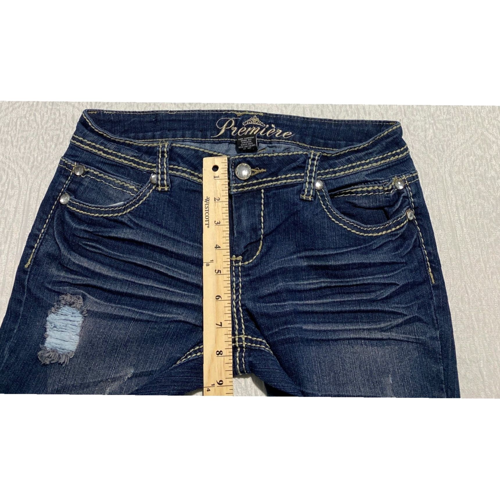 Vintage Premiere Womens Jeans 7/8 Dark Wash Distressed Embellished Rhinestone Whiskers Jeans Size 30" / US 8 / IT 44 - 7 Thumbnail