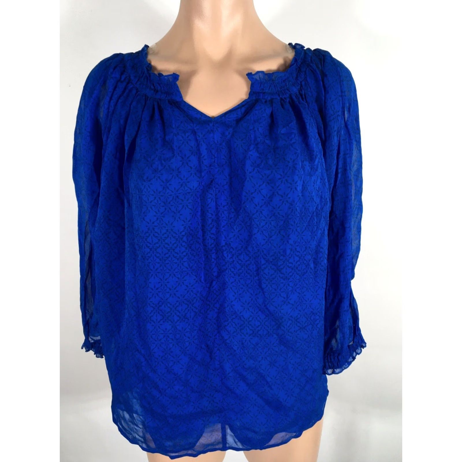 Diane von Furstenberg Diane von Furstenberg Silk Ruffle Peasant Blouse Lined Blue 3/4 Puff Sleeve V-Neck 14 Womens Regular Size XL / US 12-14 / IT 48-50 - 3 Thumbnail