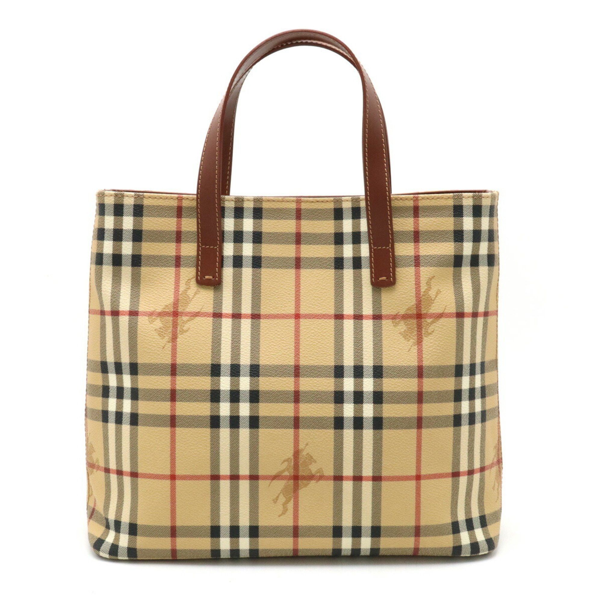 image of Burberry Nova Check Pattern Handbag Tote Bag Pvc Leather Beige Brown Red, Women's