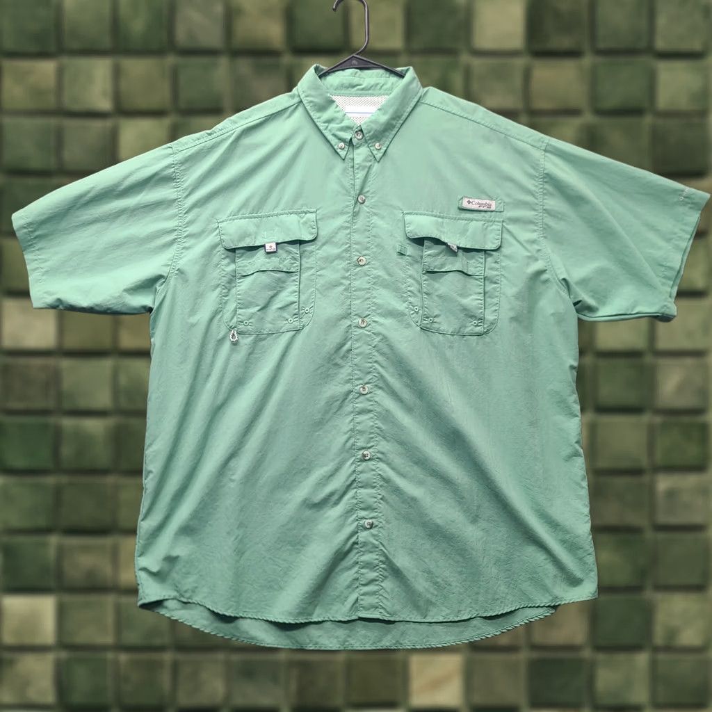 Vintage Columbia PFG Omni-Shade Shirt Mens XL Relaxed Short Sleeve Button-Down Collared Vented Outdoors Green Nylon Knit Size US XL / EU 56 / 4 - 1 Thumbnail