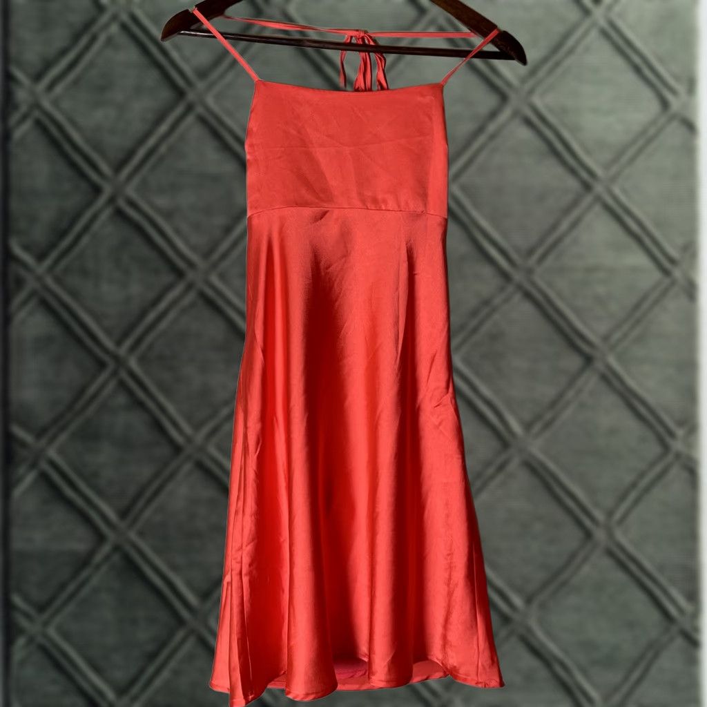 Vintage HYFVE All Nighter Satin Strappy Midi Dress L Halter Sleeveless Bow Strappy Orange Neon Melon 90s Clubwear Wedding Party Formal Women Dress Size L / US 10 / IT 46 - 1 Thumbnail