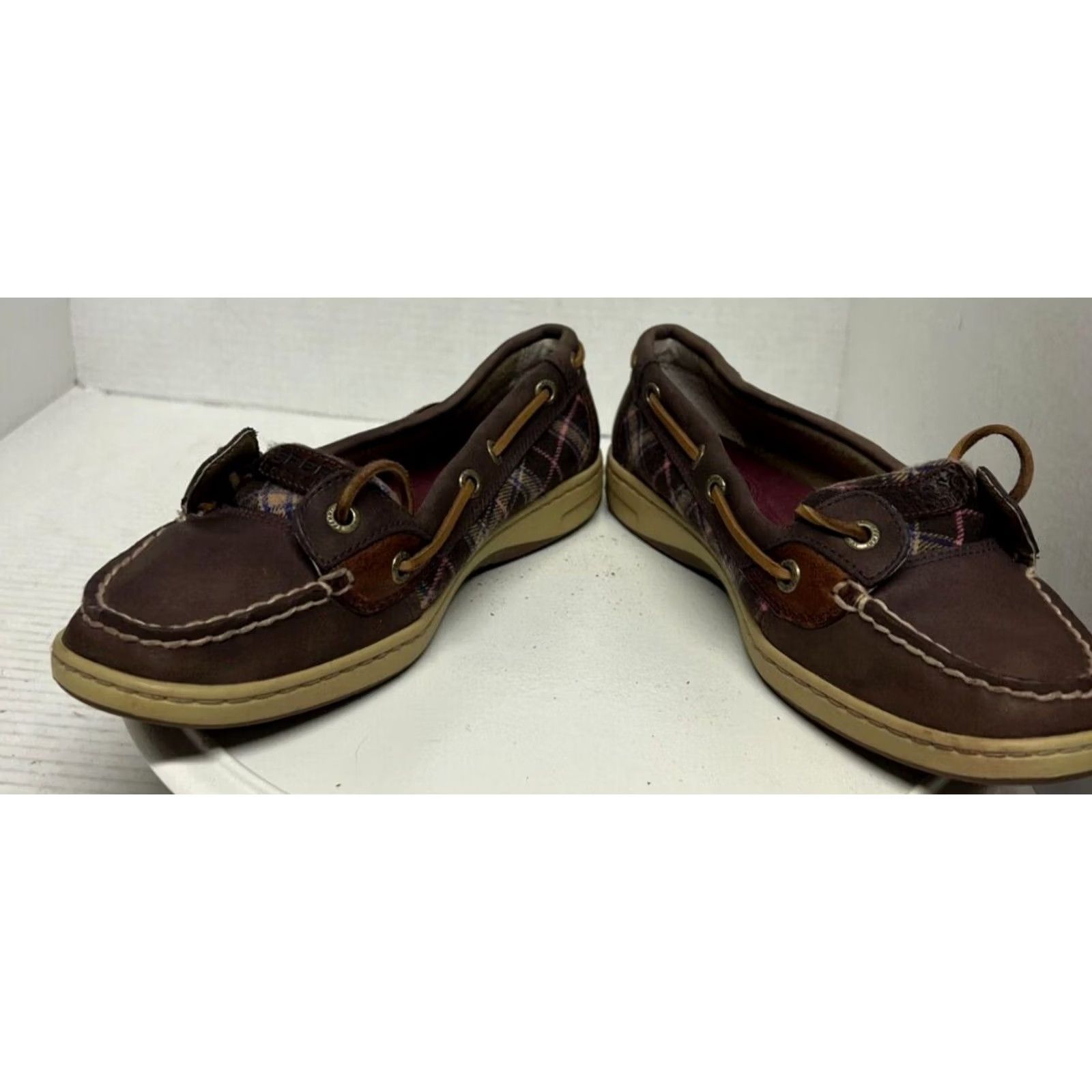 Sperry Sperry Top Sider Women 6.5 37 Brown Plaid Boat Shoe Leather Fabric 9101957 1 Eye Leather Laces Boyt Shoe Size M / US 6-8 / IT 42-44 - 5 Thumbnail