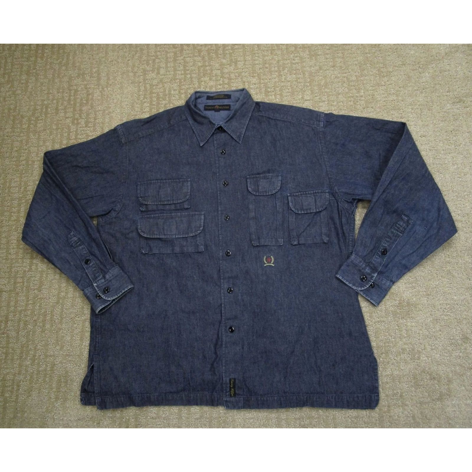 Tommy Hilfiger Tommy Hilfiger Shirt Mens Medium Blue Denim Utility Military Crest 4 Pocket Work Shirt Size US M / EU 48-50 / 2 - 2 Thumbnail