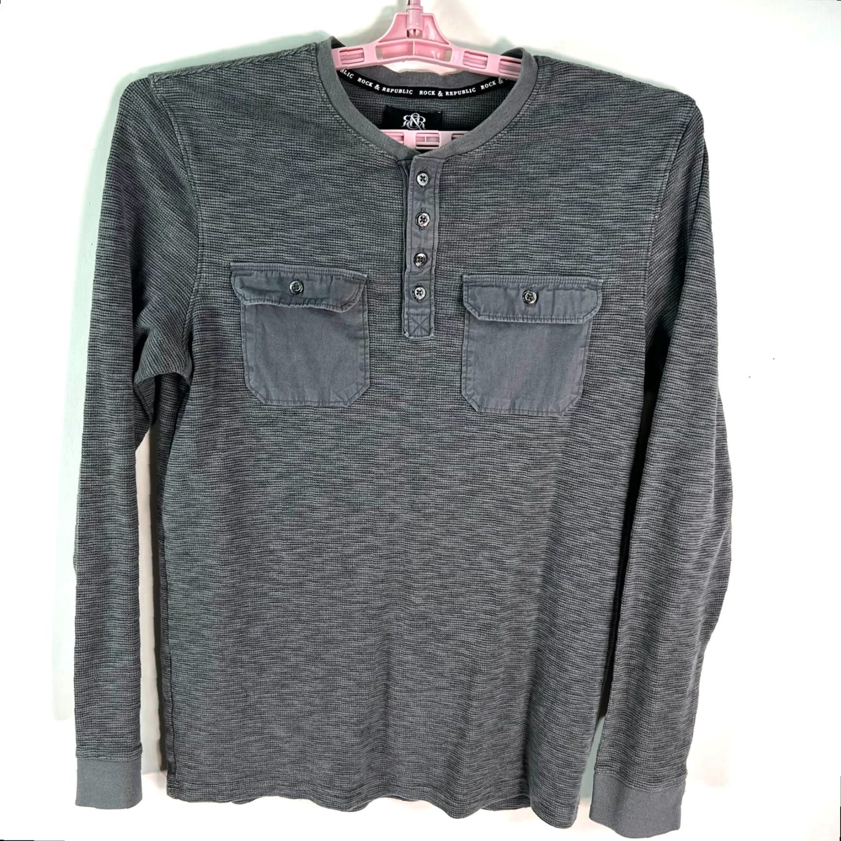 Vintage Rock & Republic Mens Henley 1/4 Button Pockets Top Gray M Cotton Shirt Size US M / EU 48-50 / 2 - 2 Thumbnail