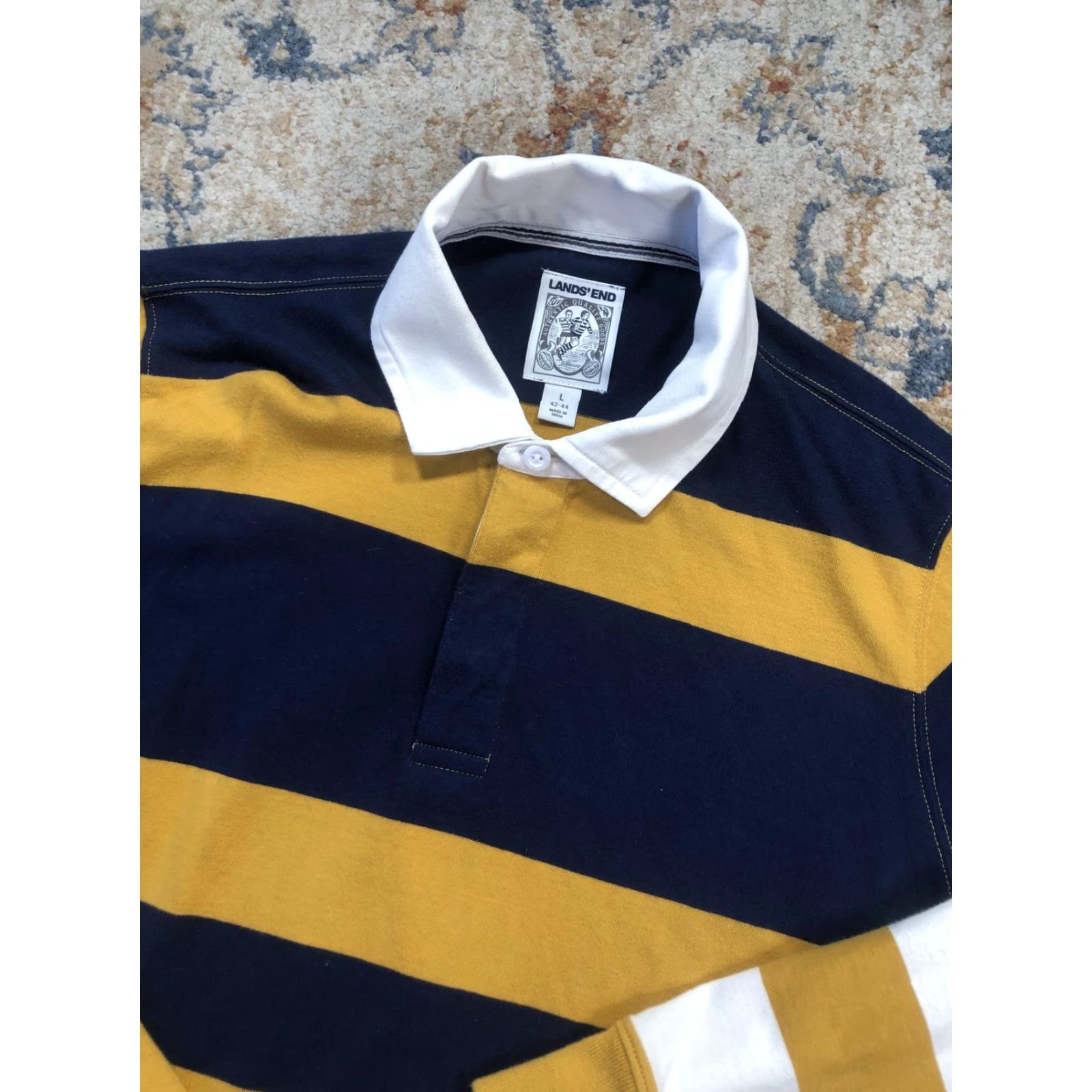Lands' End Lands' End Polo Shirt Mens L Multicolor Striped Rugby Long Sleeve Yellow Navy White Pattern Button Collar Casual Size US L / EU 52-54 / 3 - 6 Thumbnail