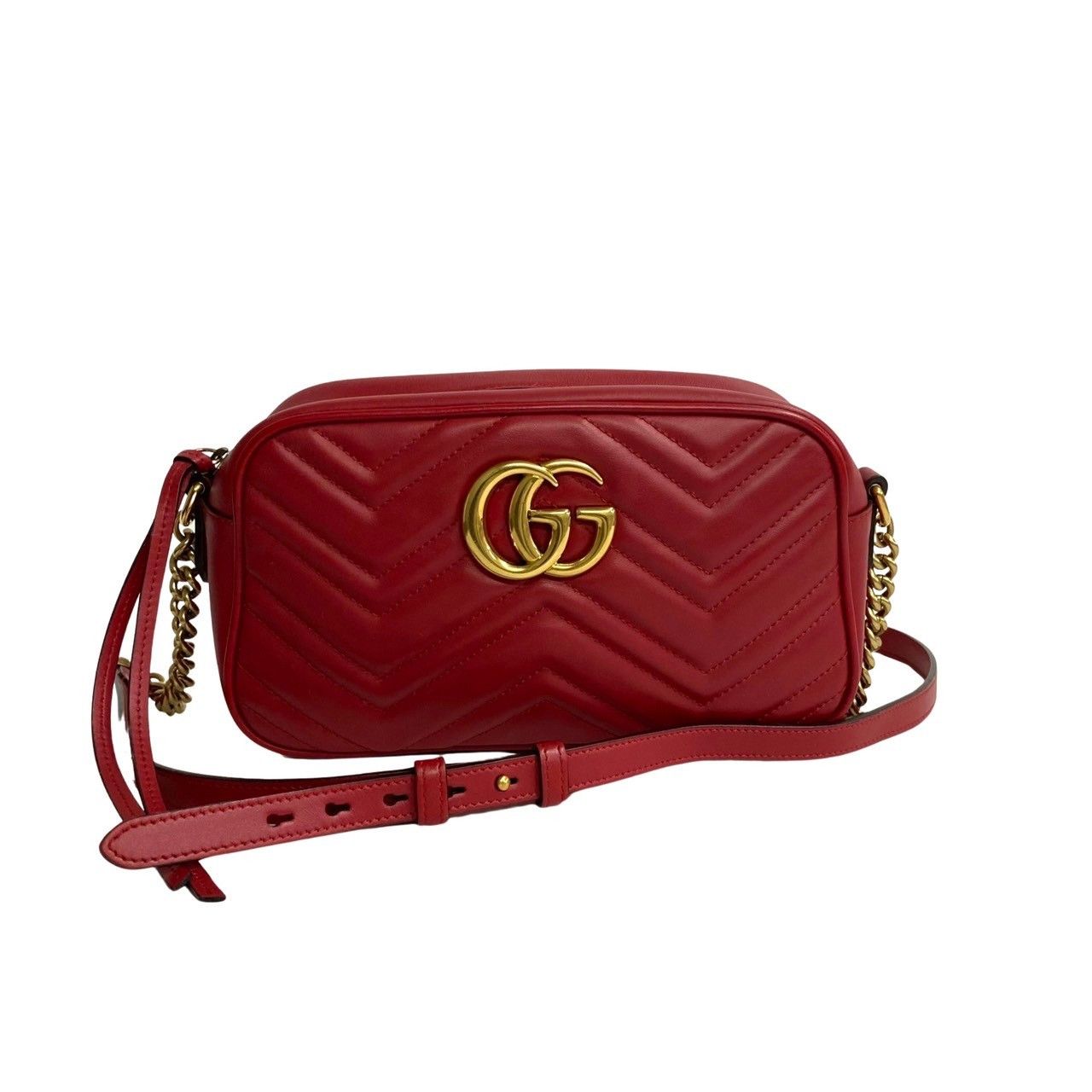 Gucci Logo GG Marmont Leather Chain Mini Shoulder Bag Pochette Sacoche Red