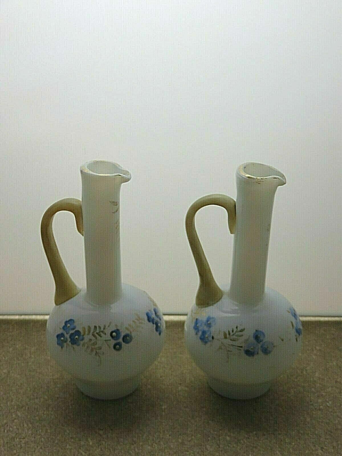 The Unbranded Brand White Milk Glass Display Set of 2 Jug Handle Blue Flower 6" Size ONE SIZE - 2 Thumbnail