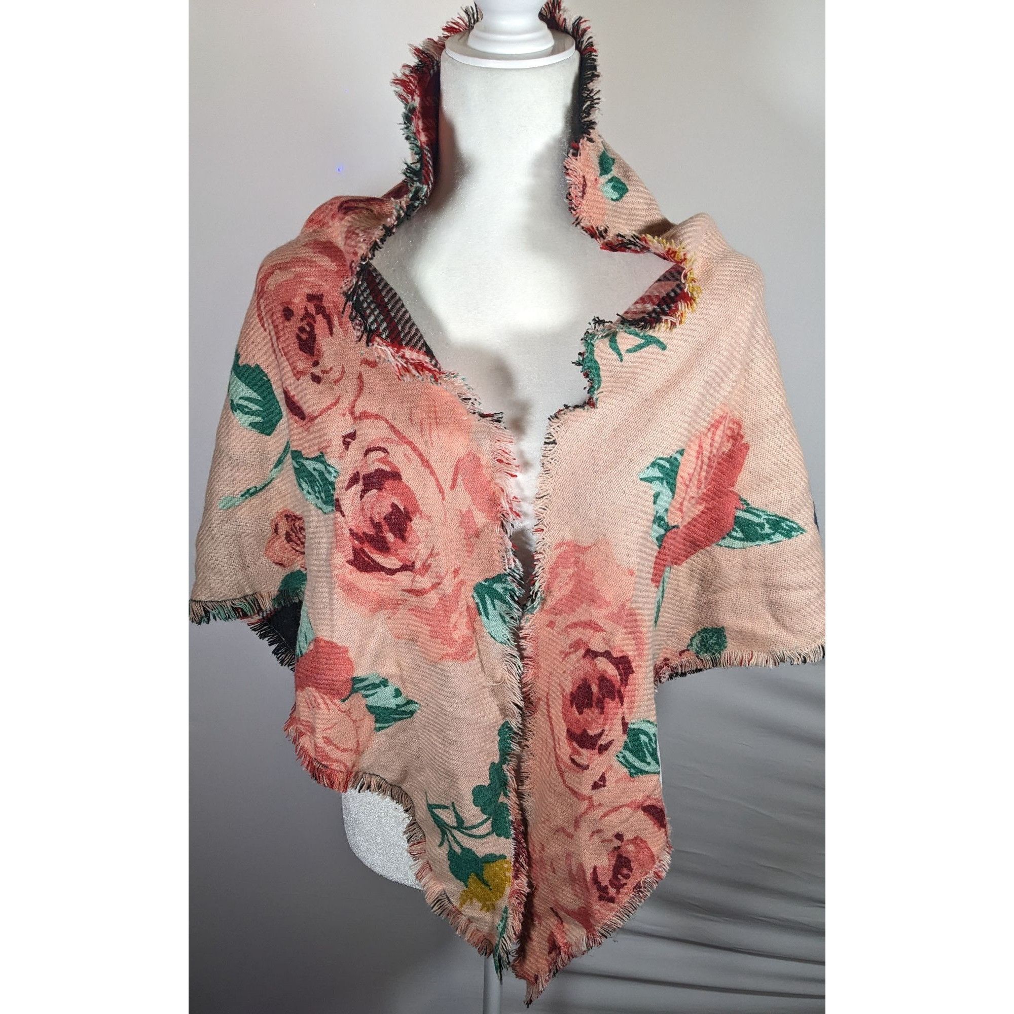 Other Candies Reversible Plaid And Pink Floral Triangle Shawl Size ONE SIZE - 6 Thumbnail