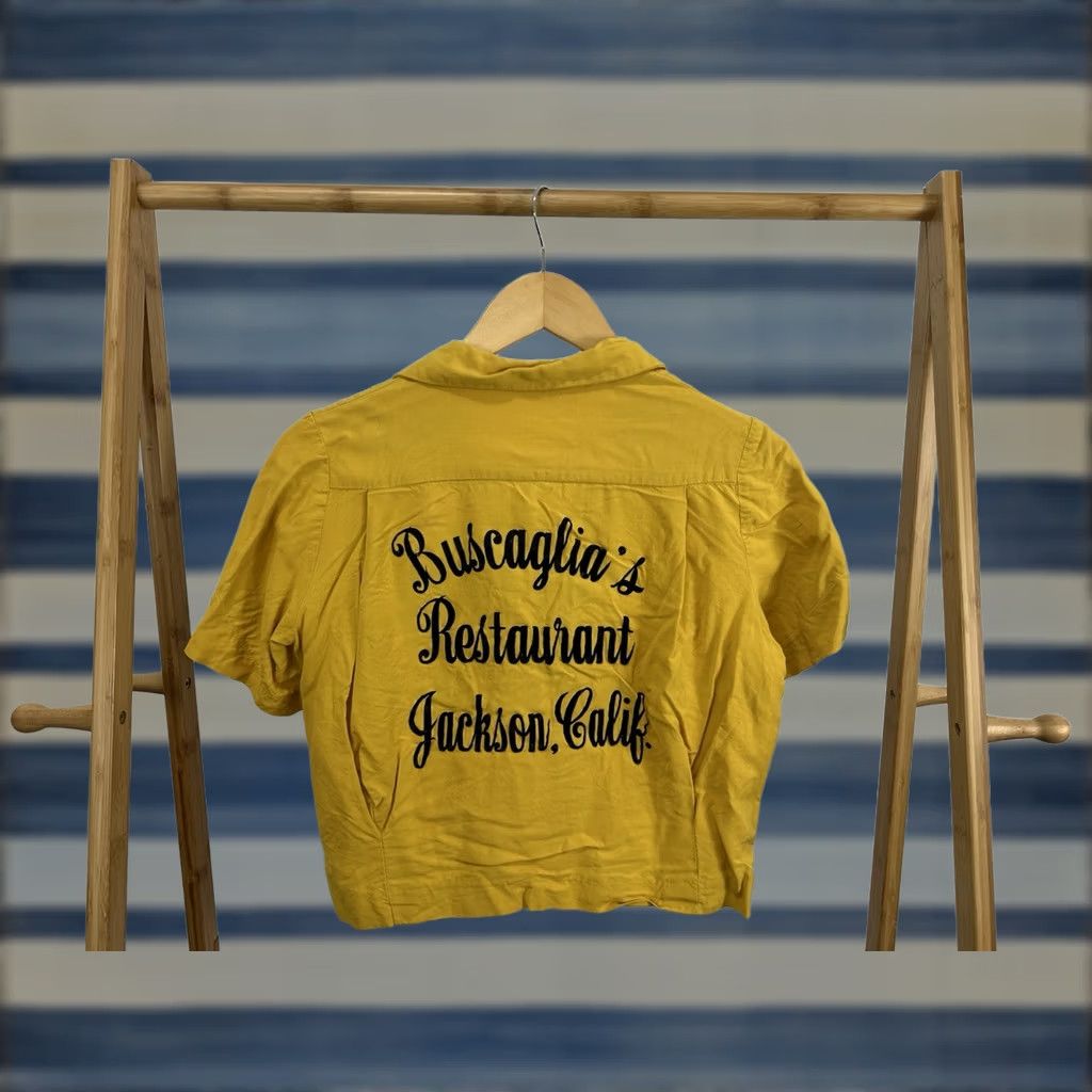 Vintage VTG 60s Artex Buscaglia's California Chain Stitch Cropped Bowling Button Shirt S Women Yellow Short Sleeve Rockabilly Style Mens Women Boys Girls Size S / US 4 / IT 40 - 1 Thumbnail