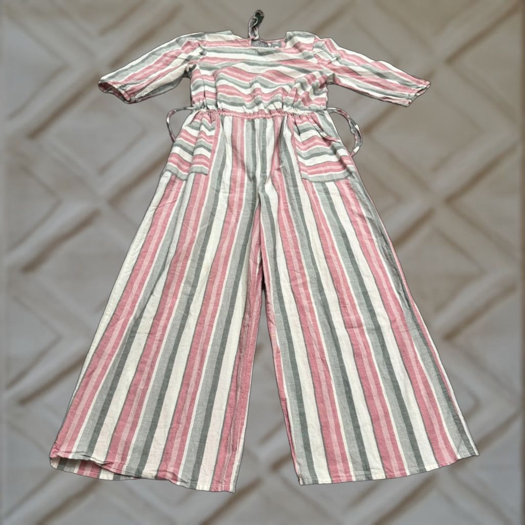 Asos ASOS Jumpsuit Womens 10 Pink Striped Cotton Wide Leg Open Back Casual Travel Bohemian Size 32" / US 10 / IT 46 - 1 Thumbnail
