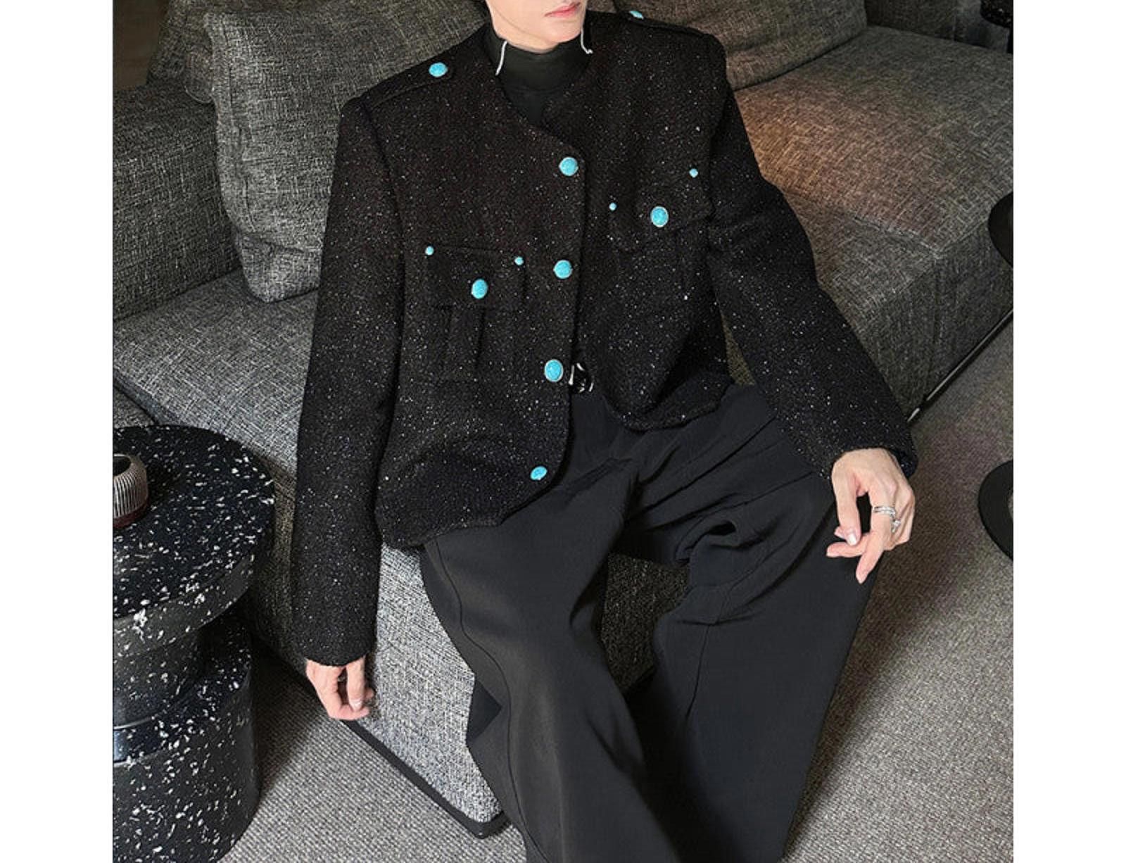 Vintage Black Tweed Jacket with Turquoise Buttons, Cropped Fit Size US M / EU 48-50 / 2 - 3 Thumbnail